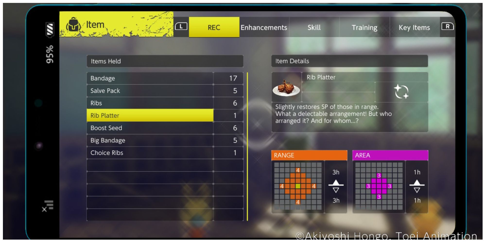 Consumable items menu in Digimon Survive highlighting the Rib Platter