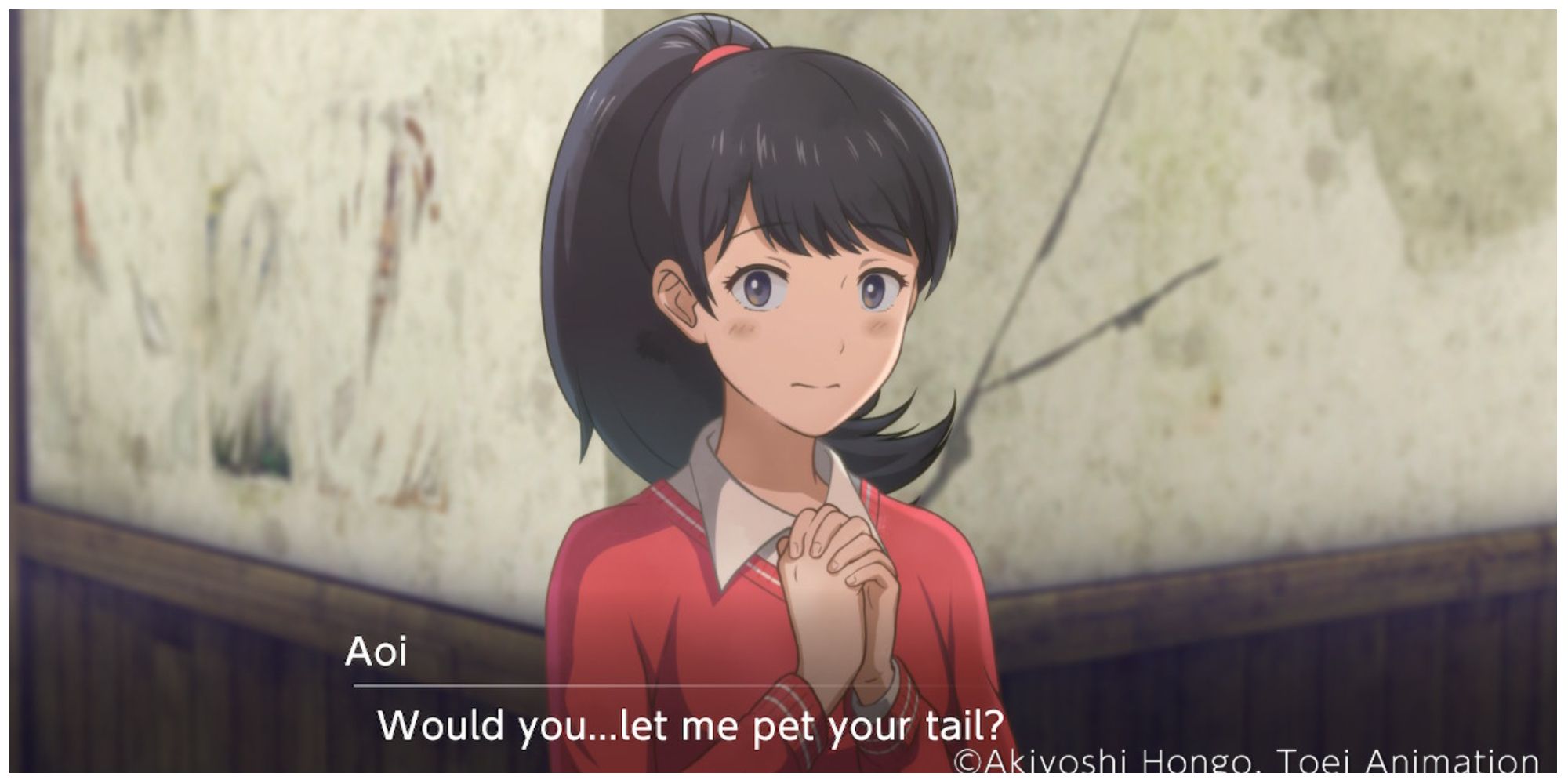 Aoi asks Labramon for permission to pet her tail in Digimon Survive