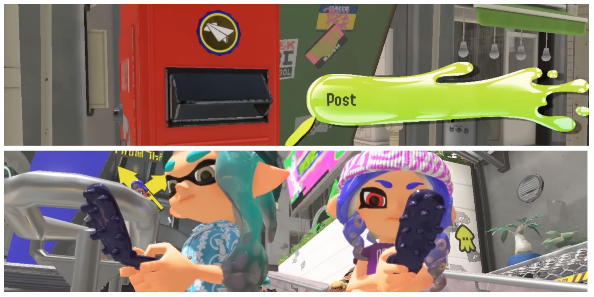 Picture for Texting, Calling, Letter Battle for X Splatfest Themes We Want to See in Splatoon 3 featuring the mailbox from Splatoon 3 and an Inkling and Octoling on their Sea-Cucumber Phones from Splatoon 3