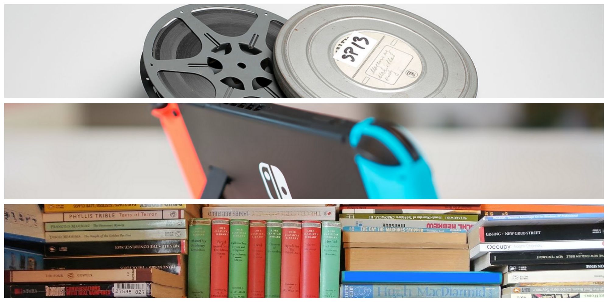 Picture for Best Hobby Battle for X Splatfest Themes We Want to See in Splatoon 3 featuring a film reel, a Nintendo Switch, and a wall of books