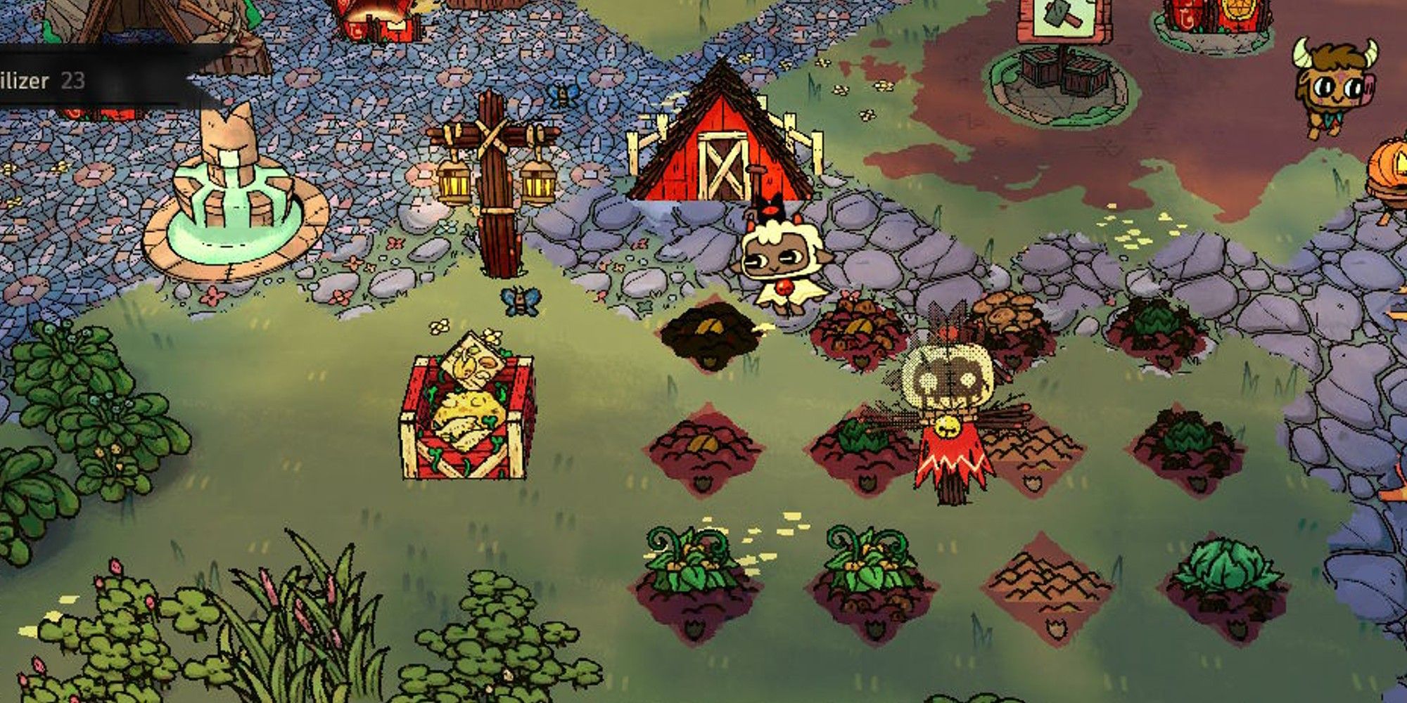 The lamb planting seeds and gathering crops in Cult Of The Lamb.