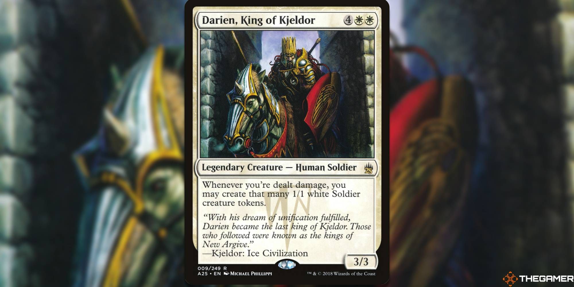 Image of the Darien King of Kjeldor card in Magic: The Gathering, with art by Michael Phillippi