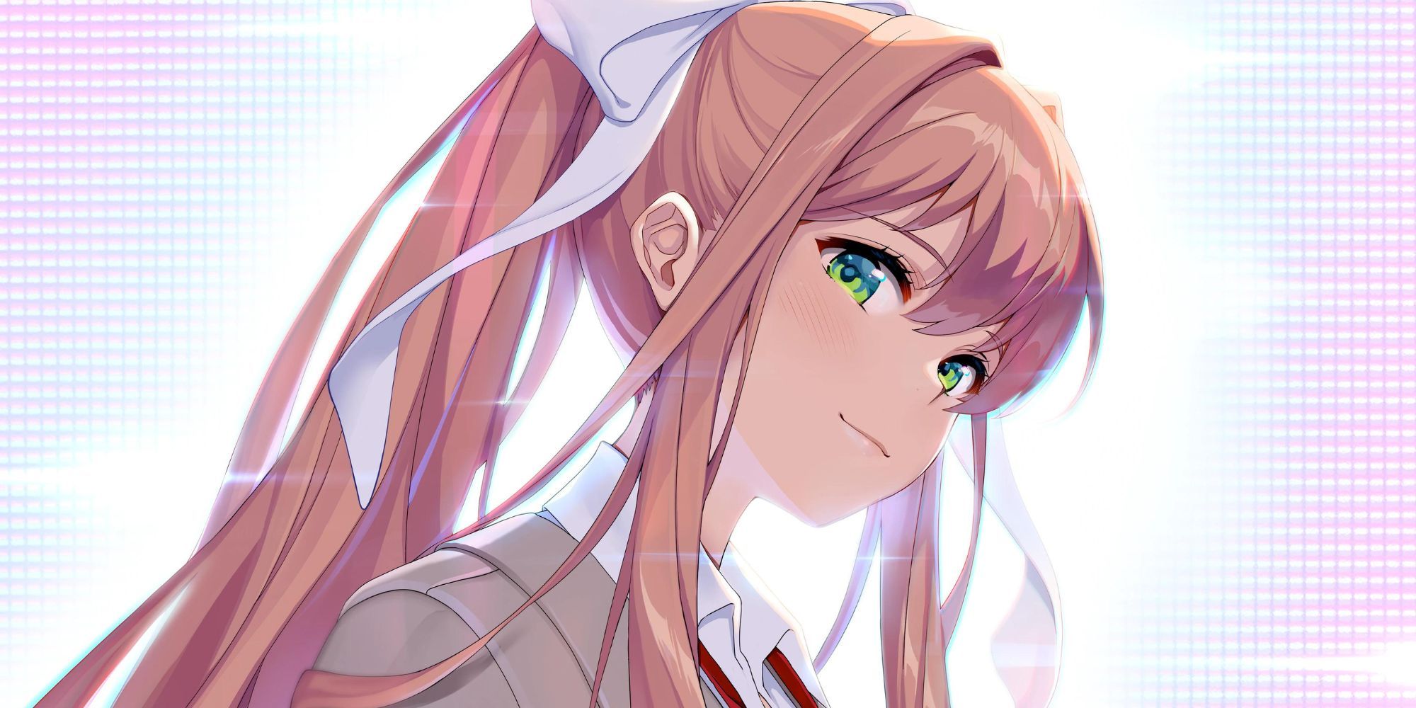 Monika stares into the camera with a bright light behind her
