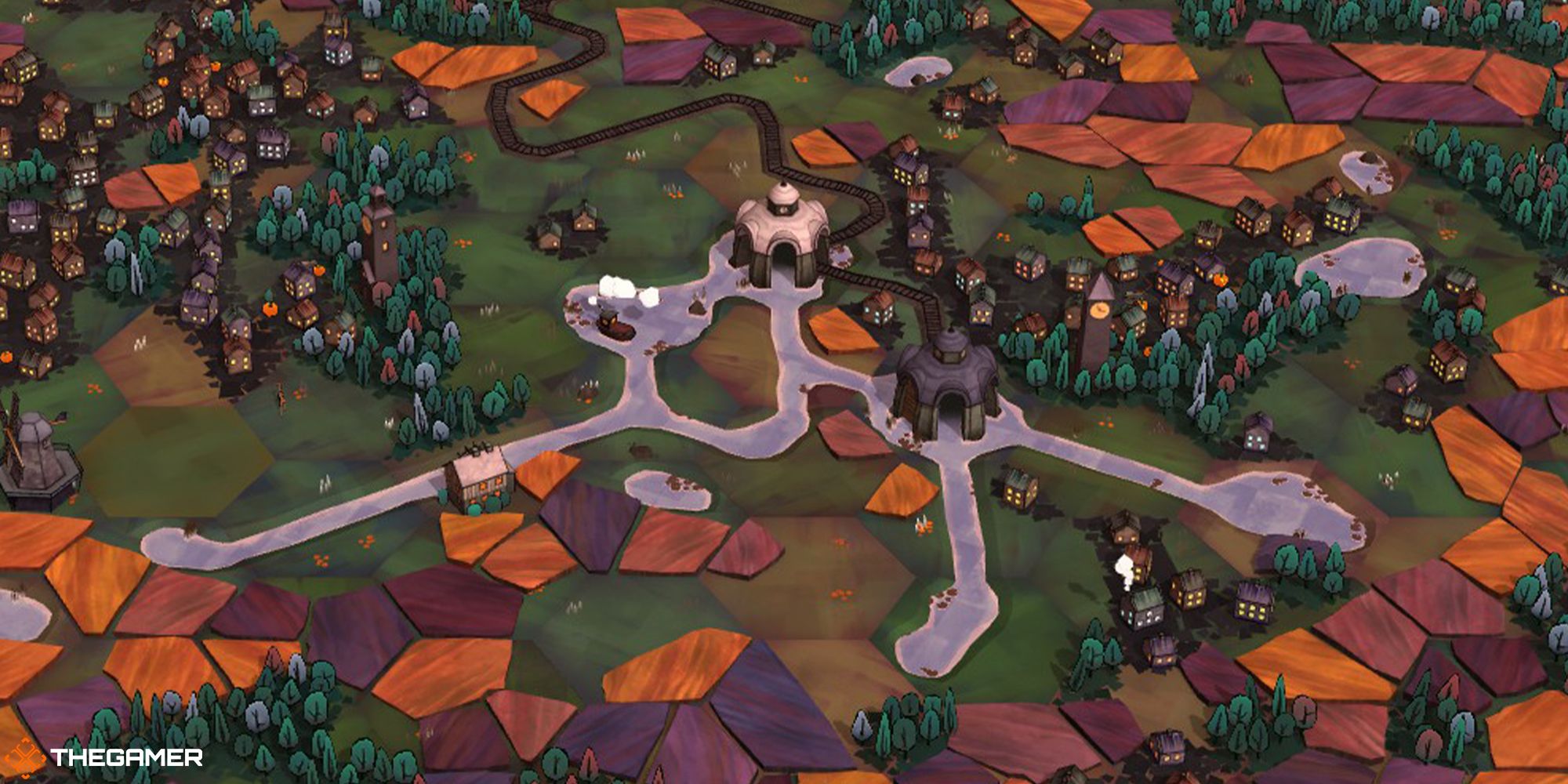 Dorfromantik - rivers and train tracks in the middle of a map