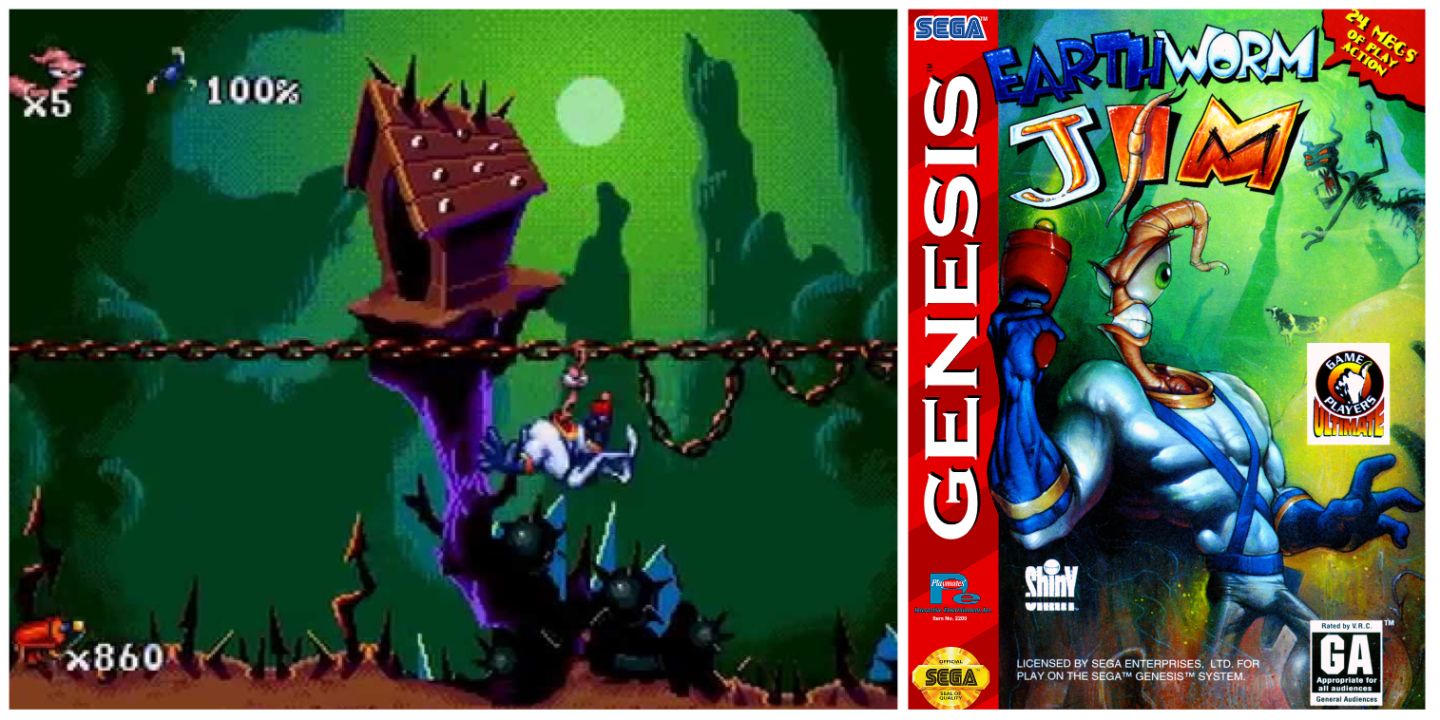 Collage of gameplay and box art of Earthworm Jim on Sega Genesis