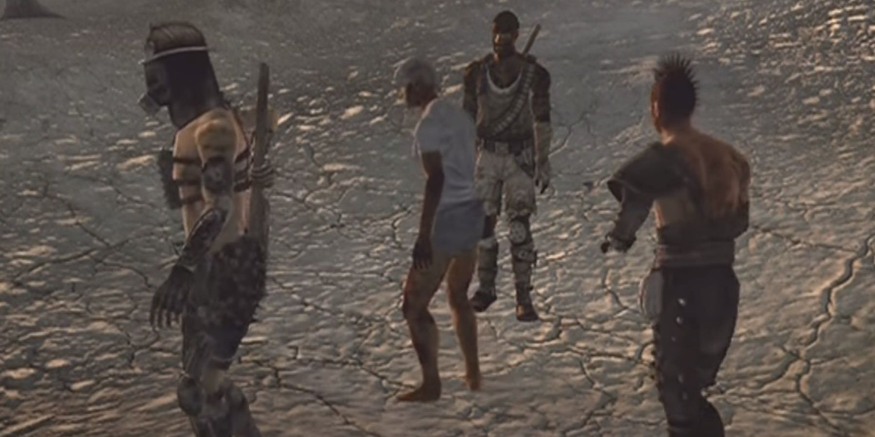 Fallout Random Encounters Raider Initiation as members haze a new prospect.
