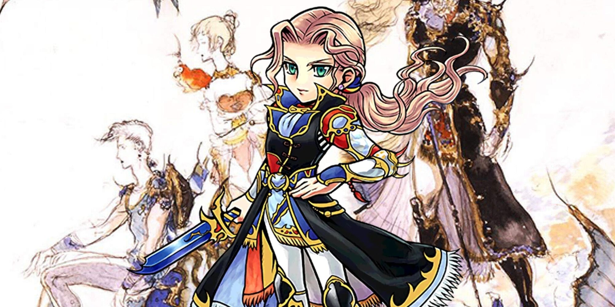 Final Fantasy 5 Faris with Final Fantasy 5 artwork behind her