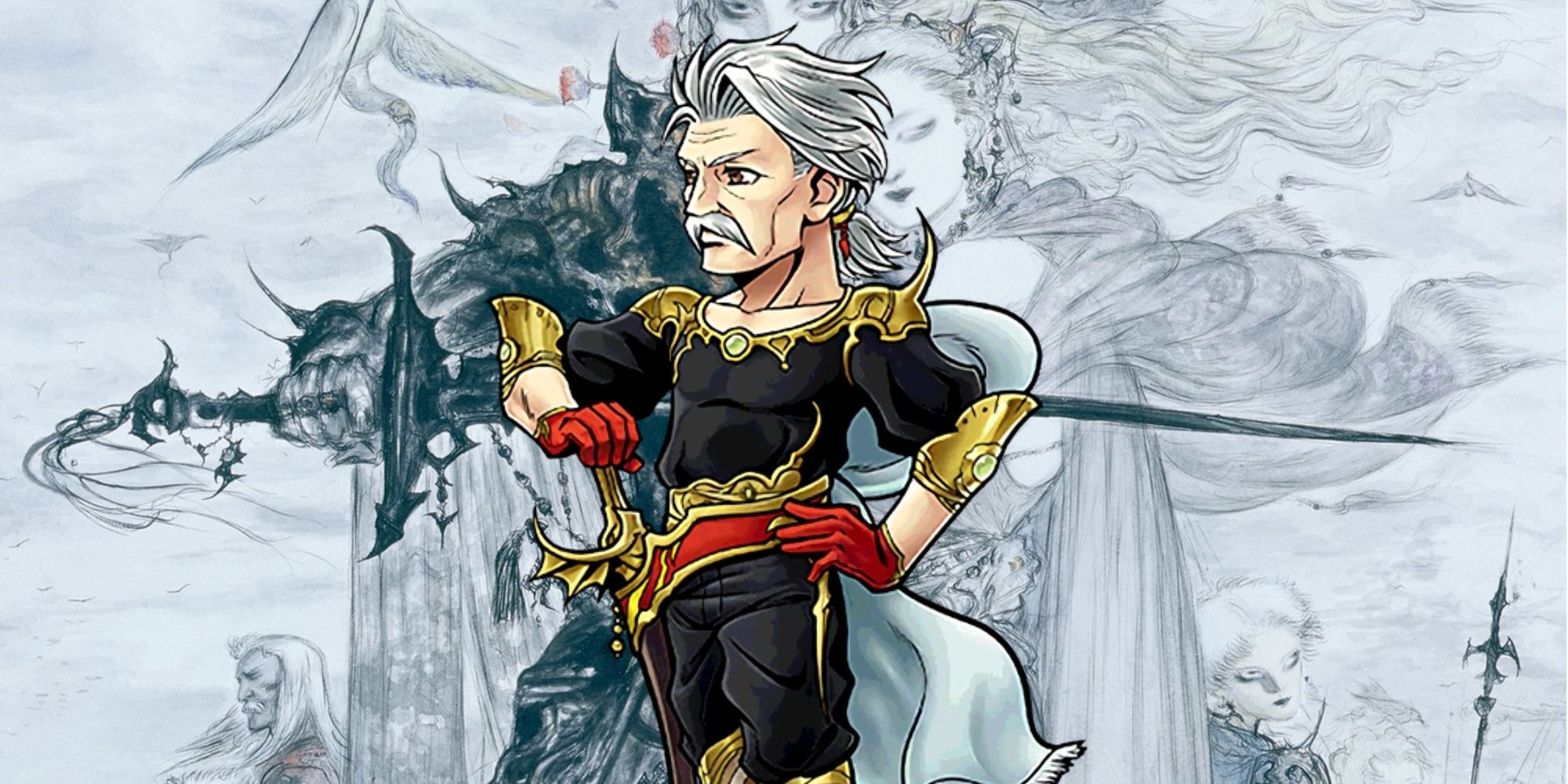 Final Fantasy 5 Galuf with Final Fantasy 5 artwork behind them