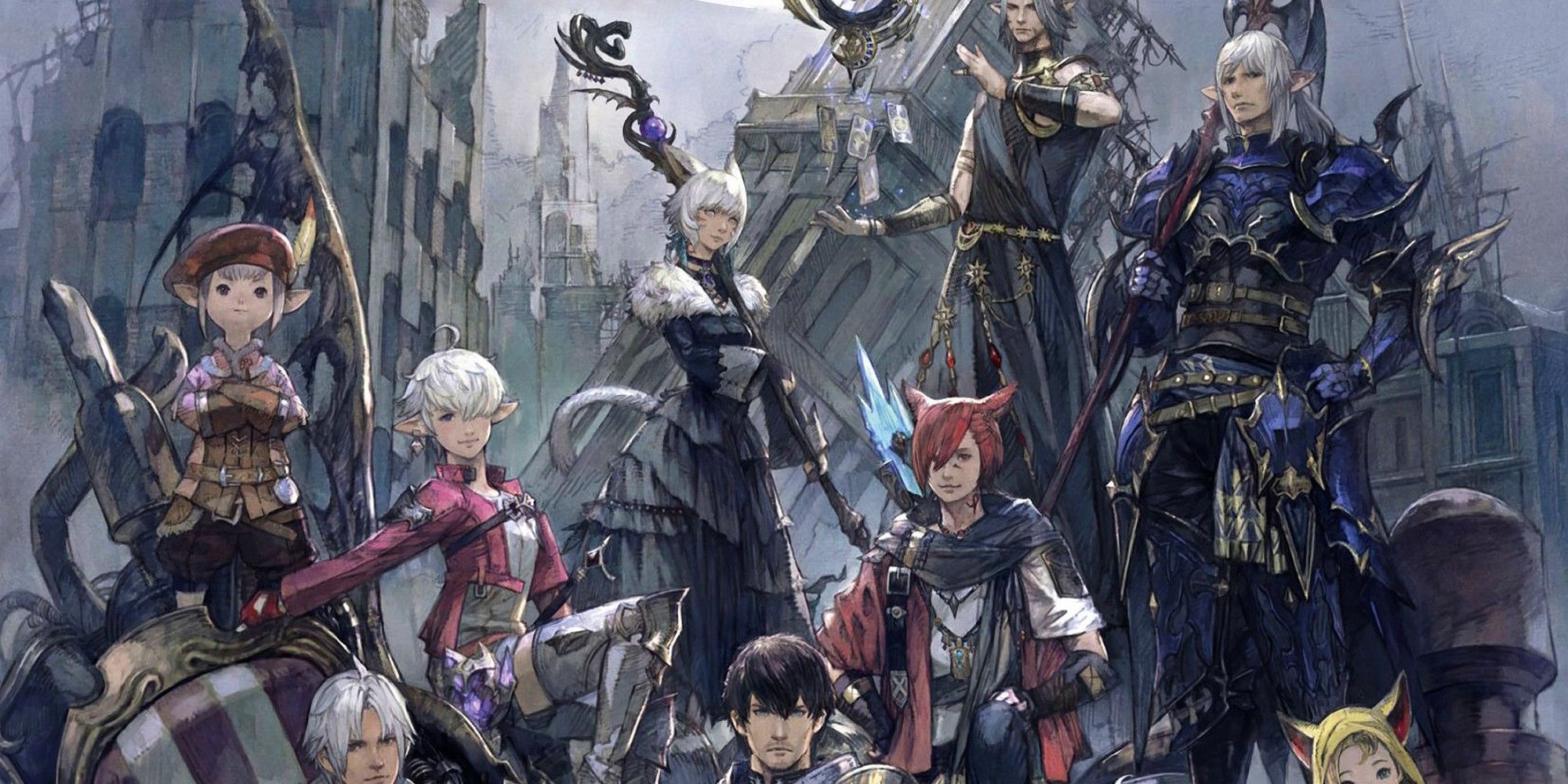 Final-Fantasy-XIV-Endwalker crew posing for a picture Official art