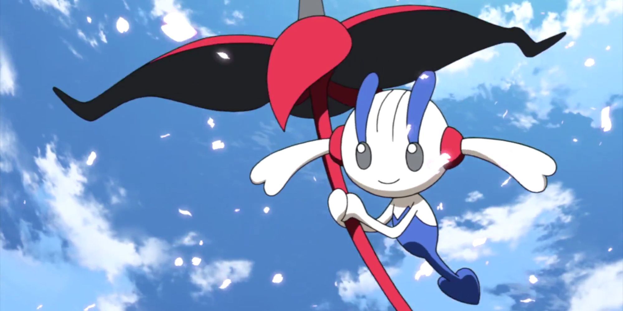 Floette flies through the air with a blue sky behind it