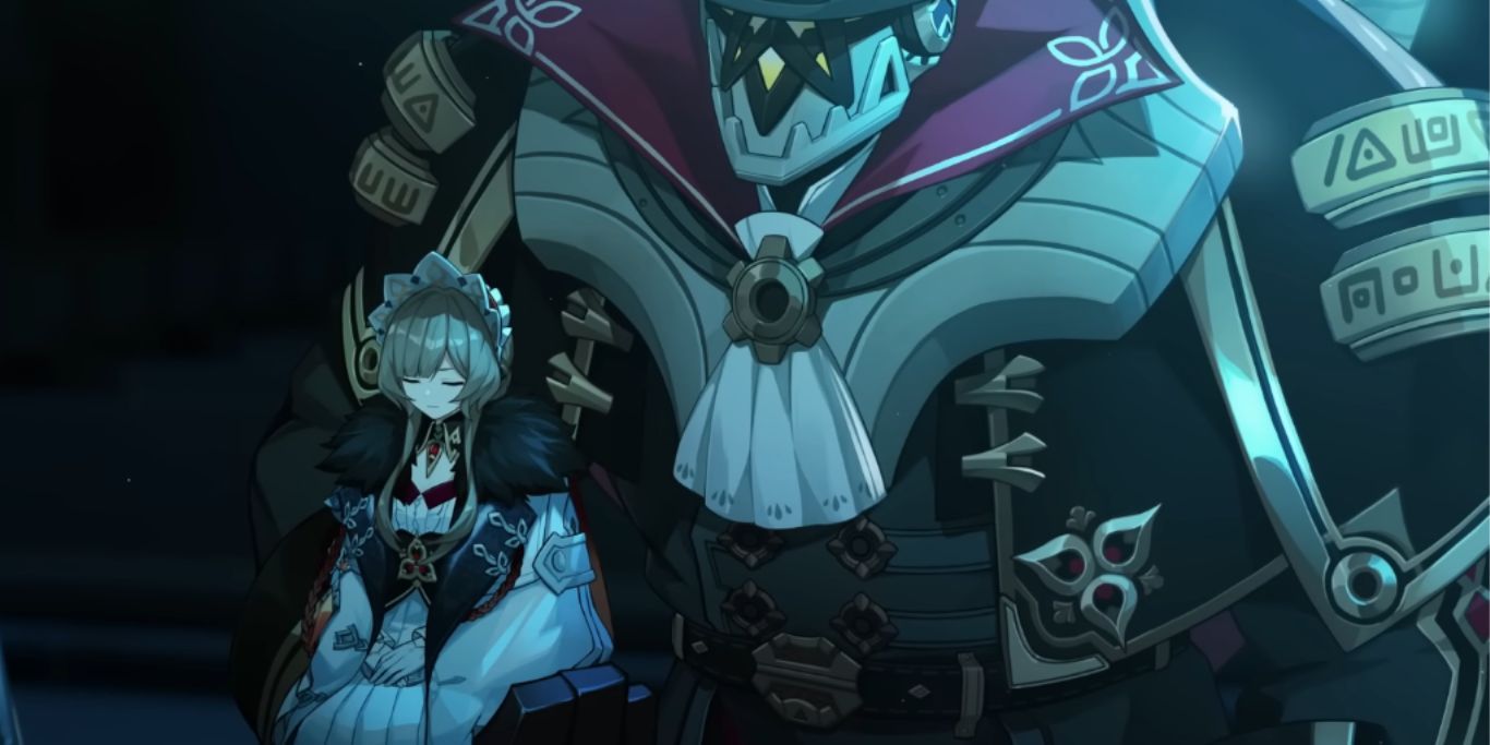 Genshin Impact Harbinger Sandrone sitting next to a giant custom automaton