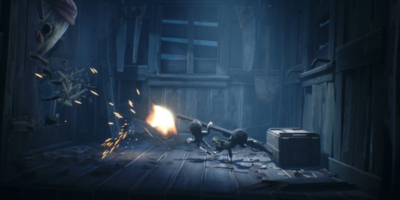 Mono and six confronting the huntsman with a shotgun