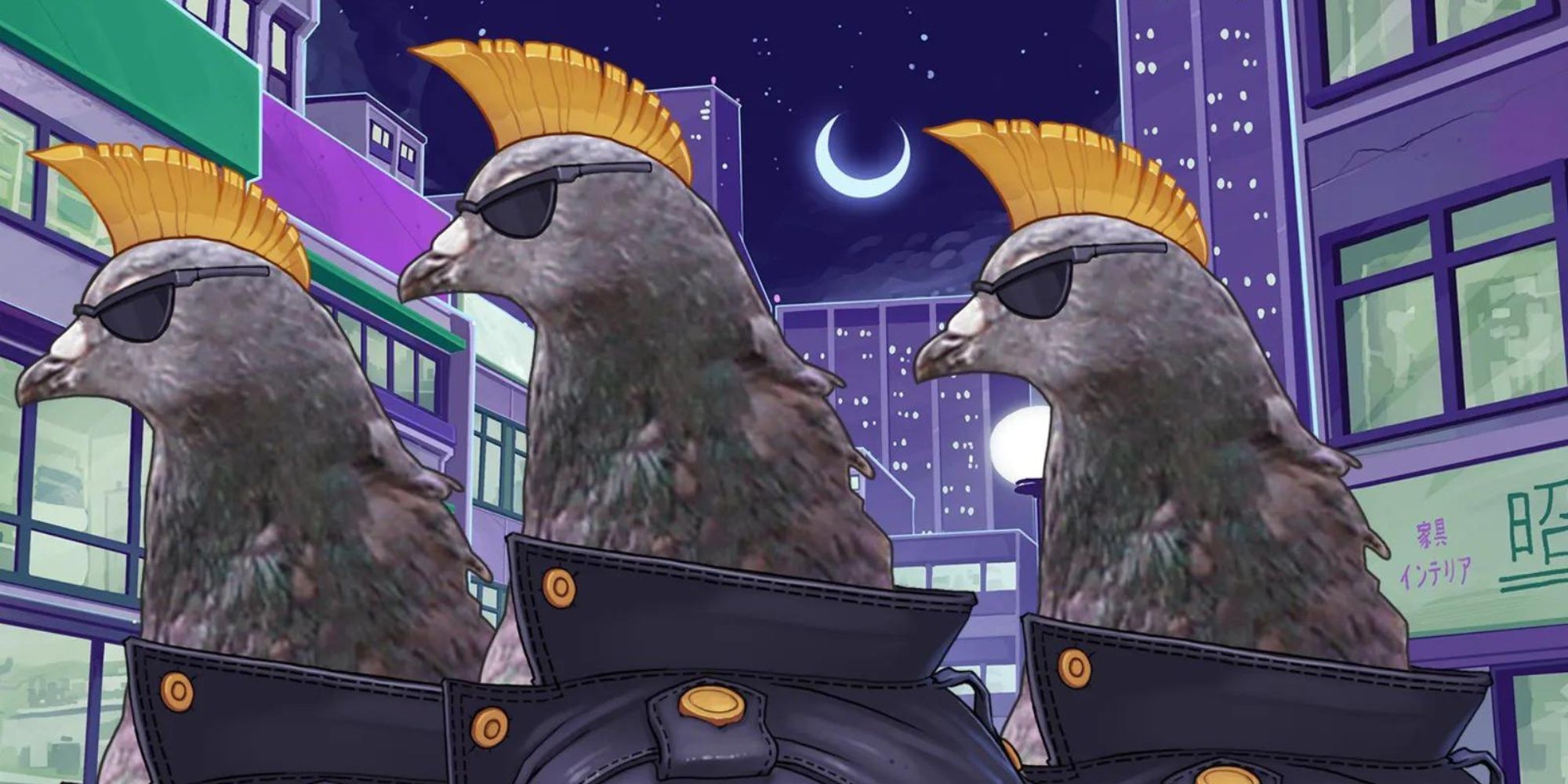 Three pigeons with leather jackets and mohawks walk through the city at night