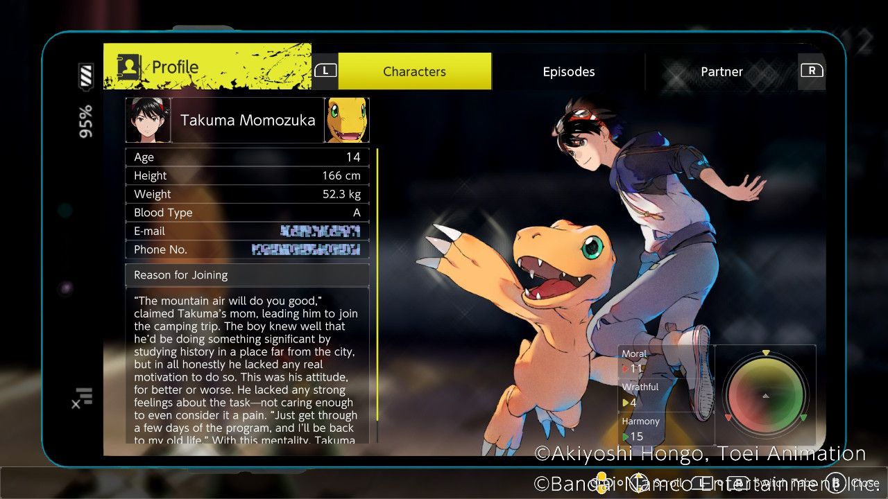 Digimon Survive menu screen detailing Takuma and his decision to join camp.