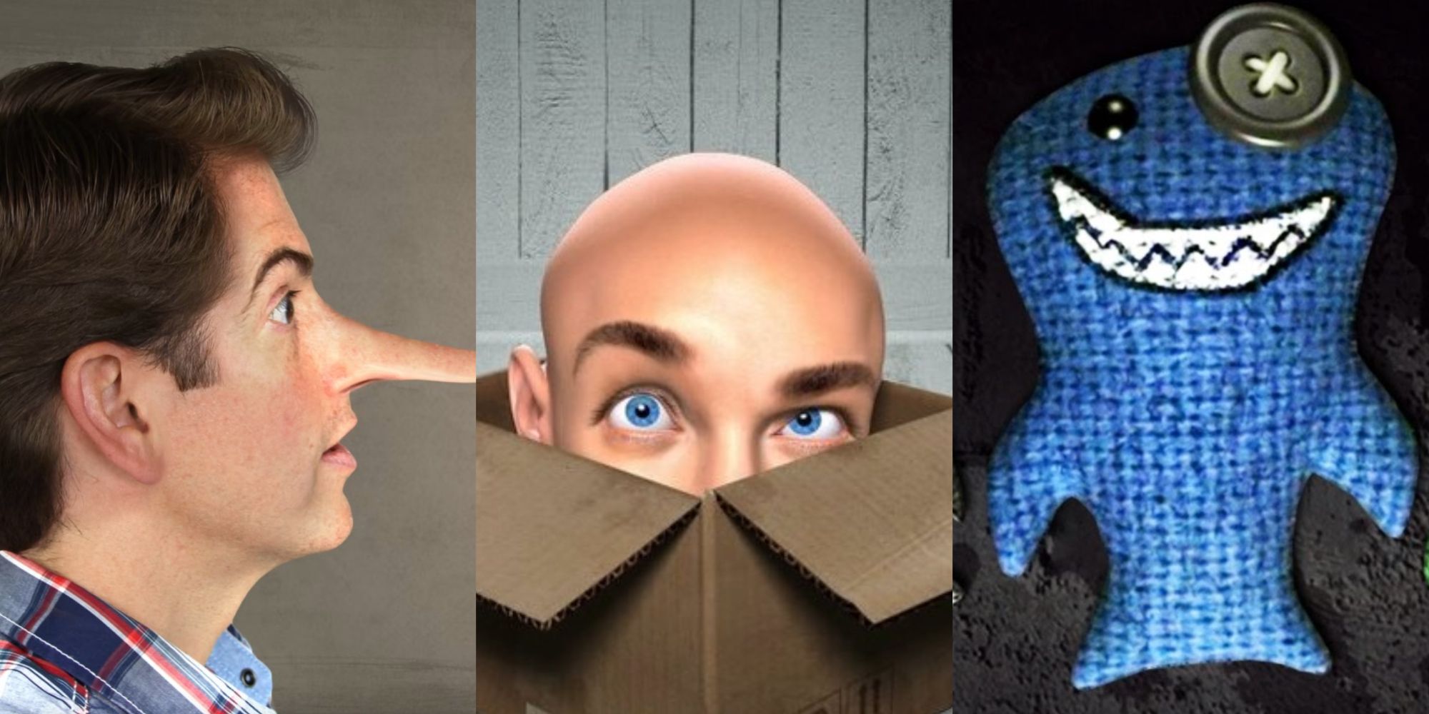 Fibbage man with long nose, Jackbox bald head coming out of a box, Trivia Murder Part smiling blue shark doll