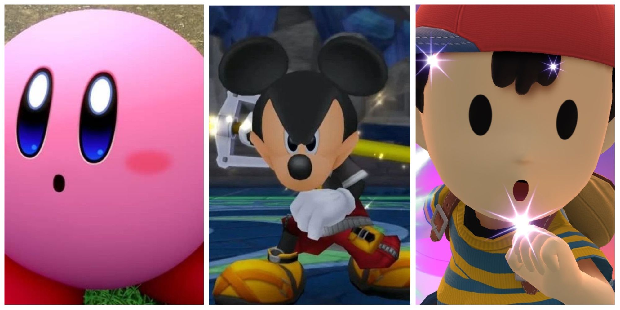 collage of Kirby, Mickey Mouse with a Keyblade, and Ness