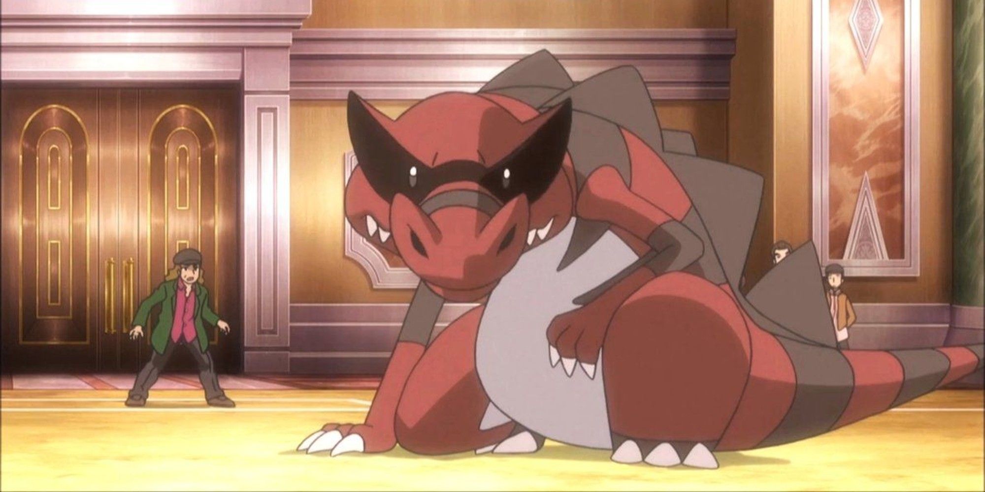 Krookodile from the anime, crouching, ready to attack in a stadium