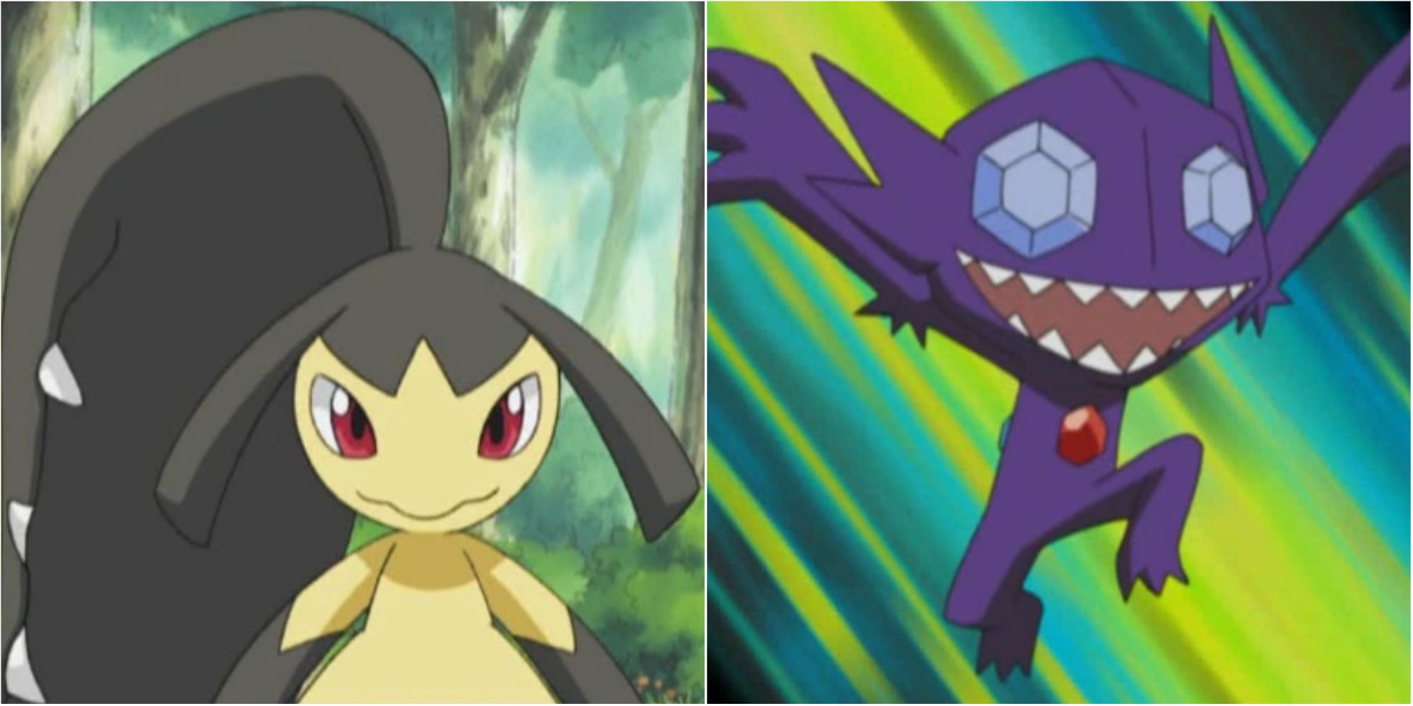 Split image screenshots of Mawile and Sableye.