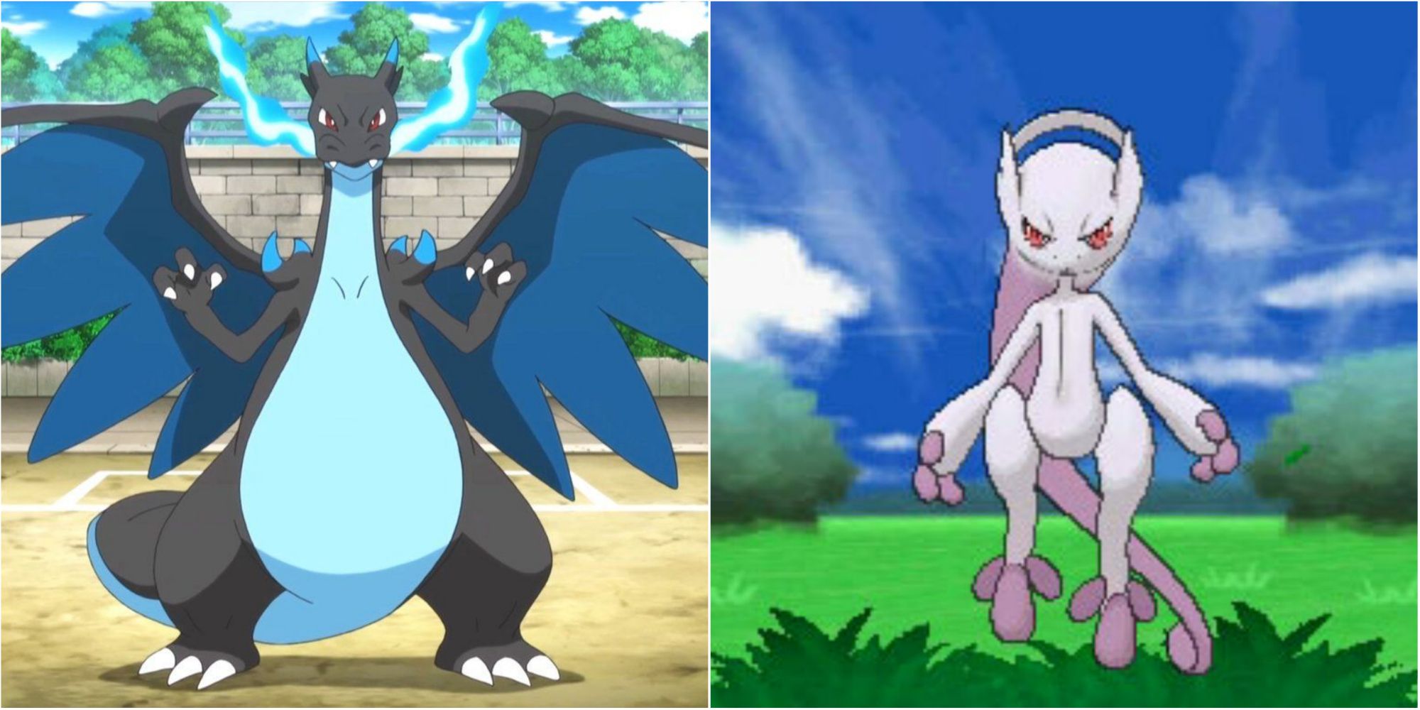 Split image screenshots of Mega Charizard X and Mega Mewtwo Y. 