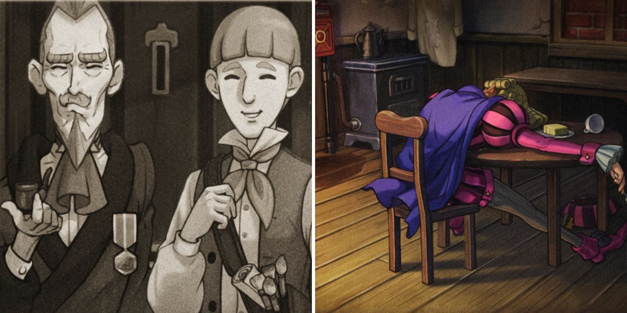 A split image of Garrideb and Ross on the left side and Shamspear sprawled out on a table on the right from The Great Ace Attorney 2.