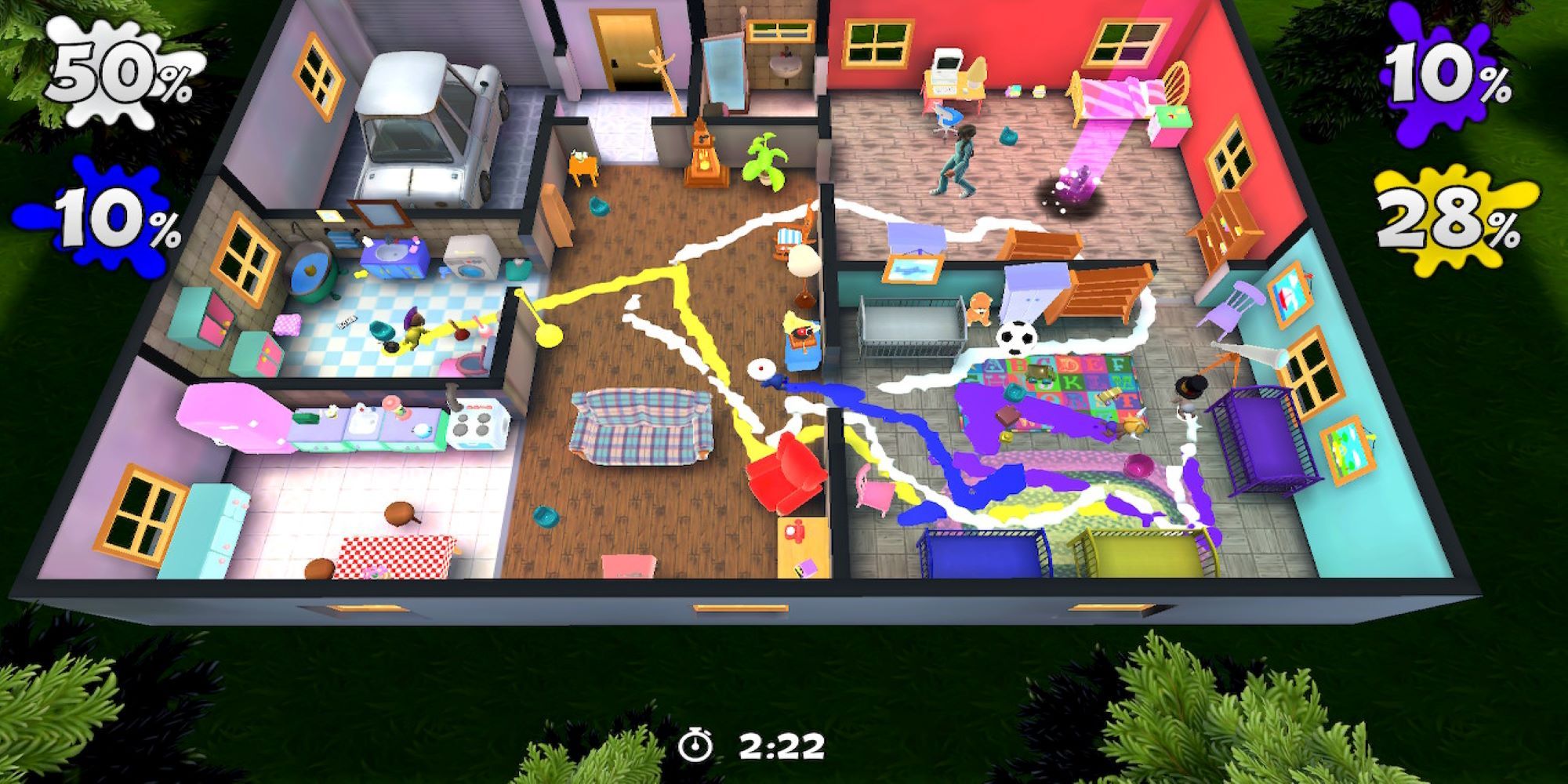 Four babies soil a suburban home with colorful excrement in Pooplers.