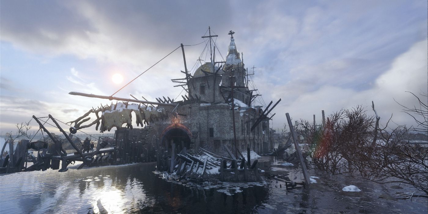 A dilapidated, flooding church in metro exodus 