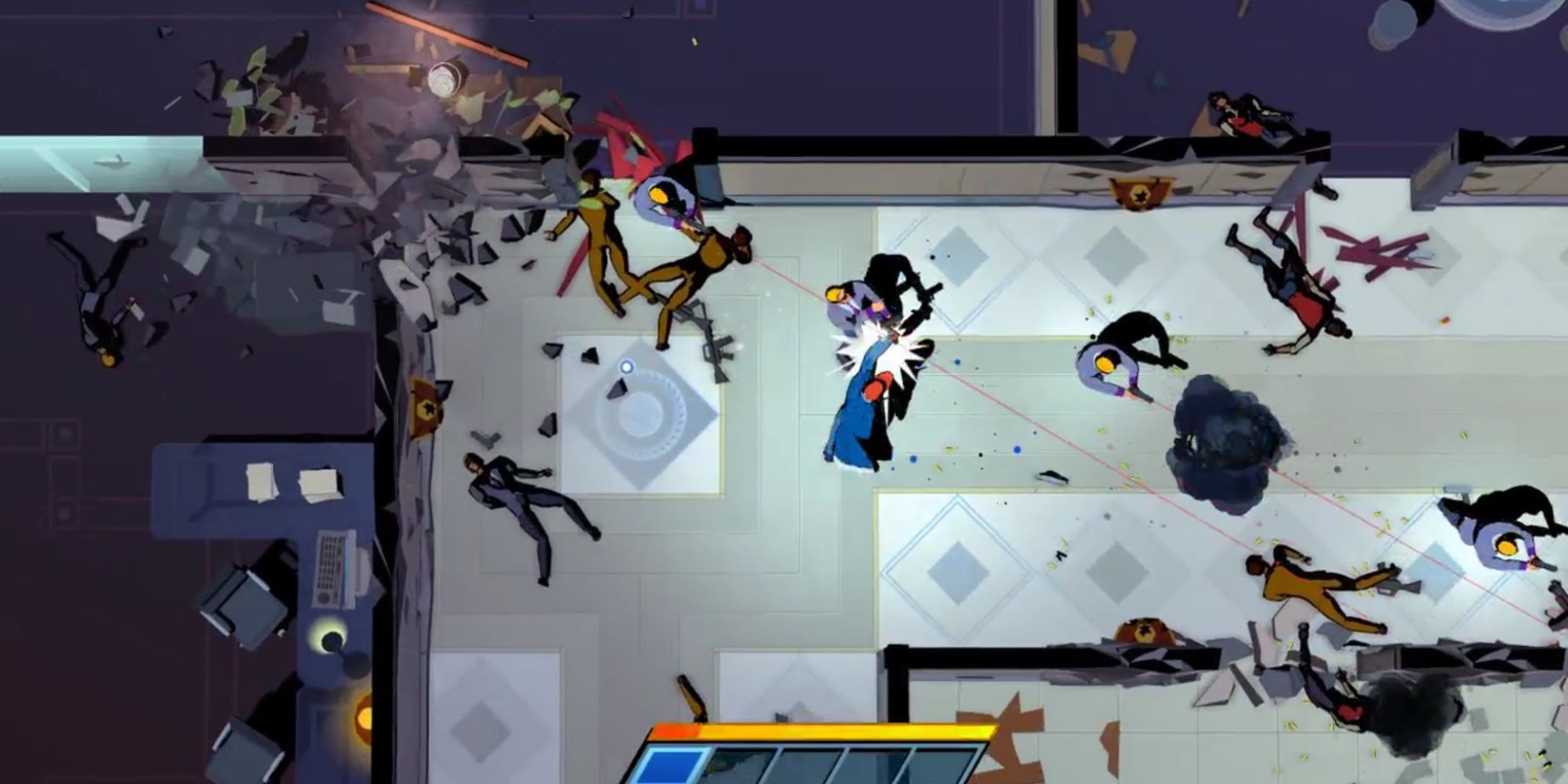 Mr. Shifty takes on a slew of enemies in a white room