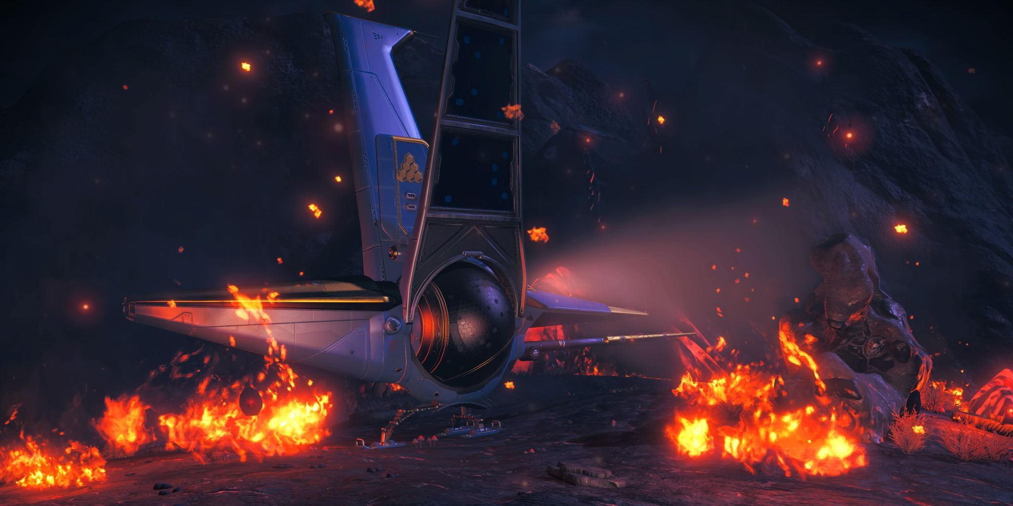 NMS image of a ship in a firestorm