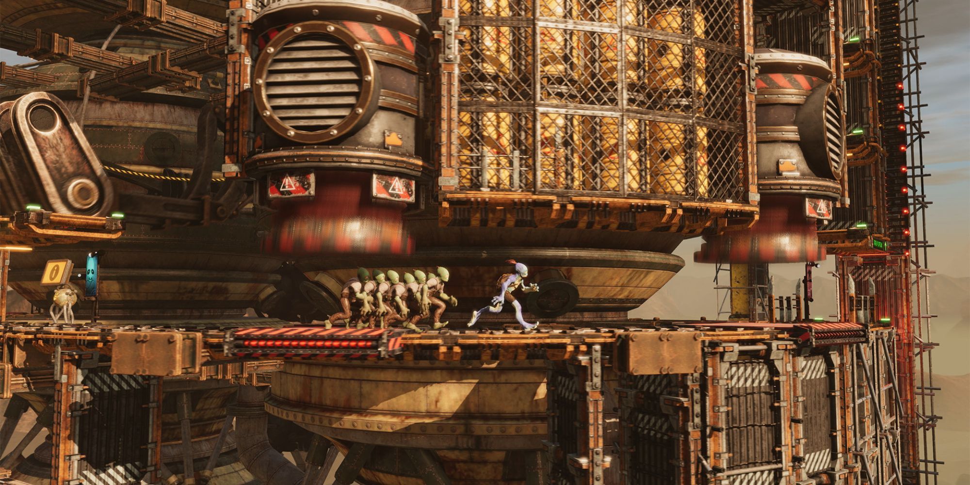 Abe leads a group of Mudokons through a giant factory