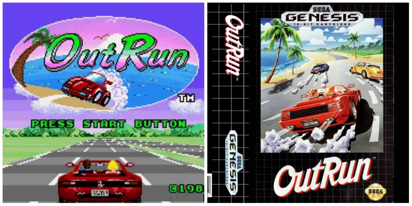 Collage of gameplay and box art of Outrun on Sega Genesis