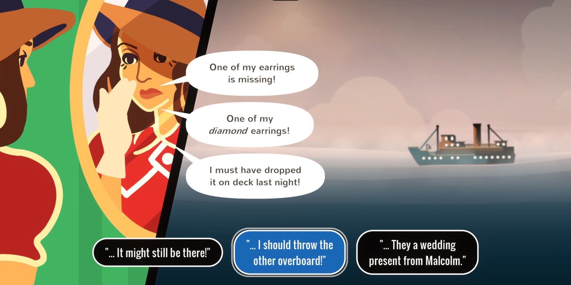 Veronica looks into a mirror and realizes an earring is missing