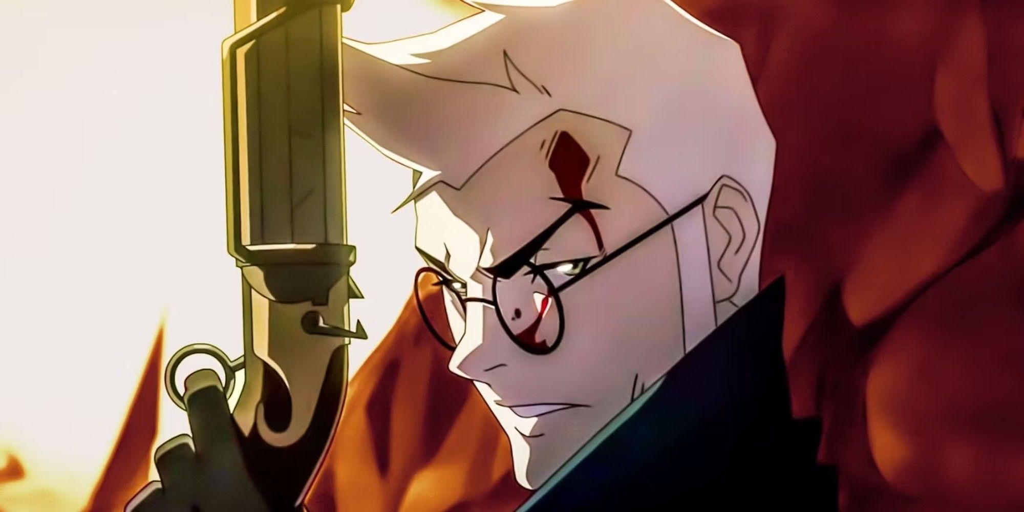 Percy from Legend of Vox Machina bloody, looking angry and holding his gun