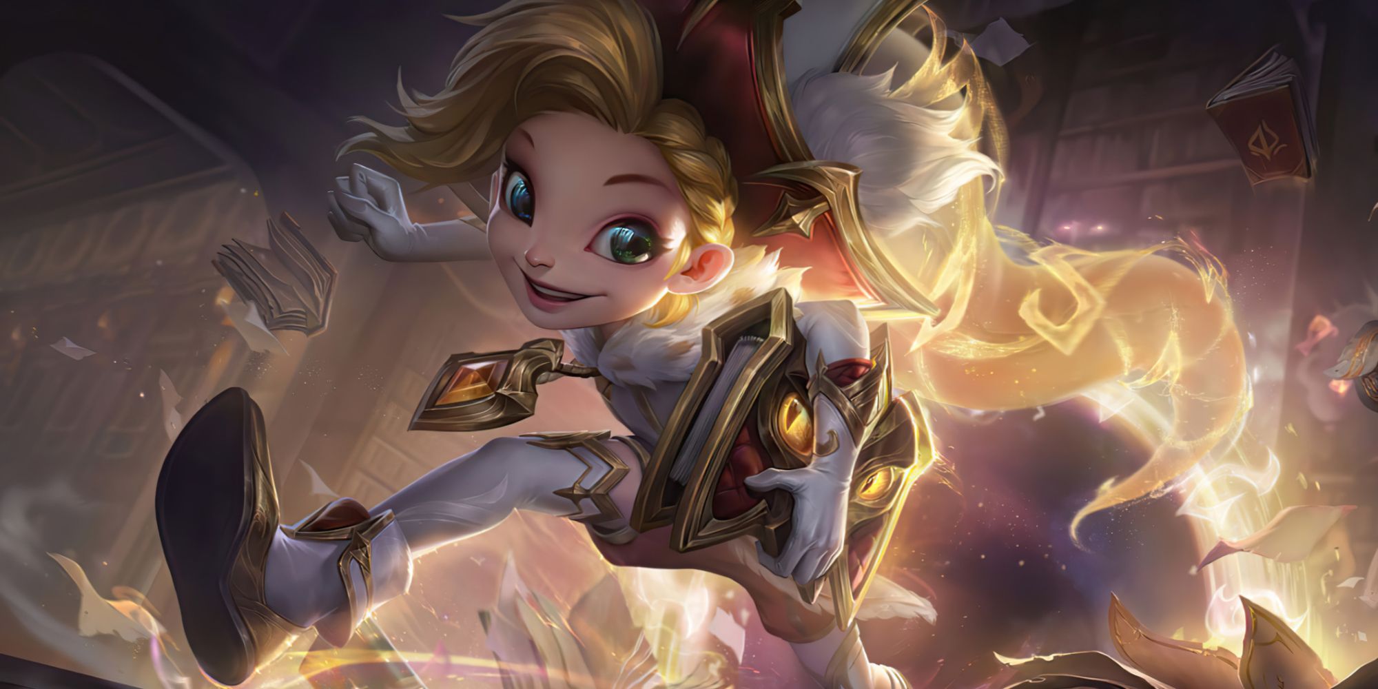 Prestige Arcanist Zoe gleefully jumping out of a portal with an angry looking tome under her arm, her hat long and shiny