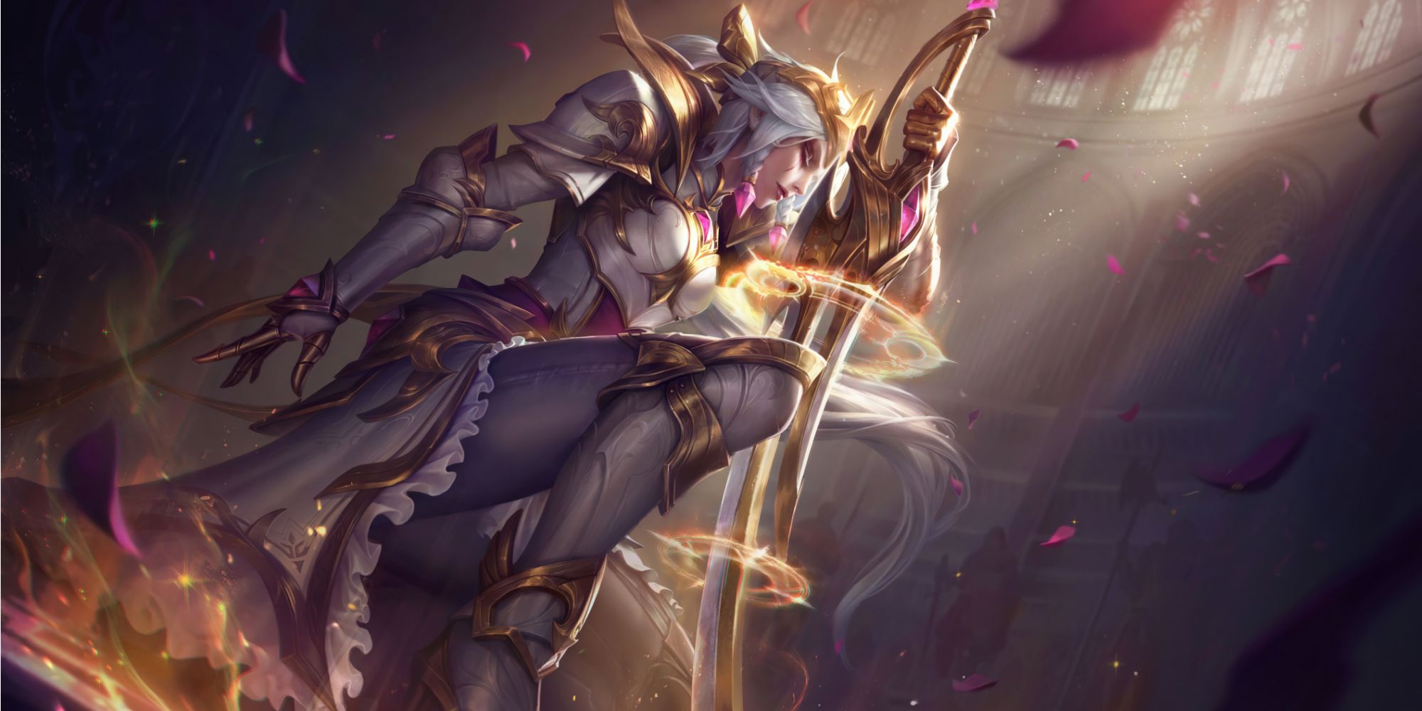 Prestige Battle Queens Diana crouched down in reverence on one knee, bathed in golden light, her regalia gleaming