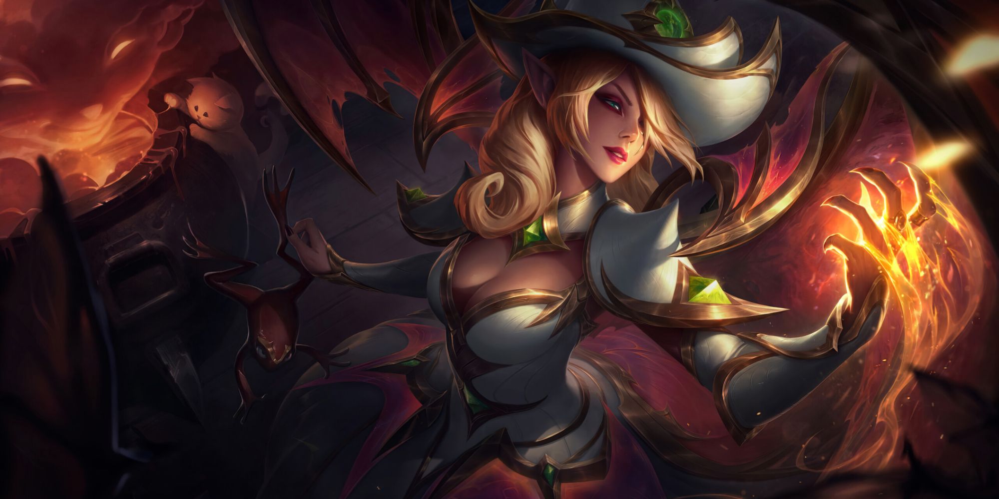 Prestige Bewitching Morgana by her seething cauldron, magic rising from her fingers as she holds a frog in her other