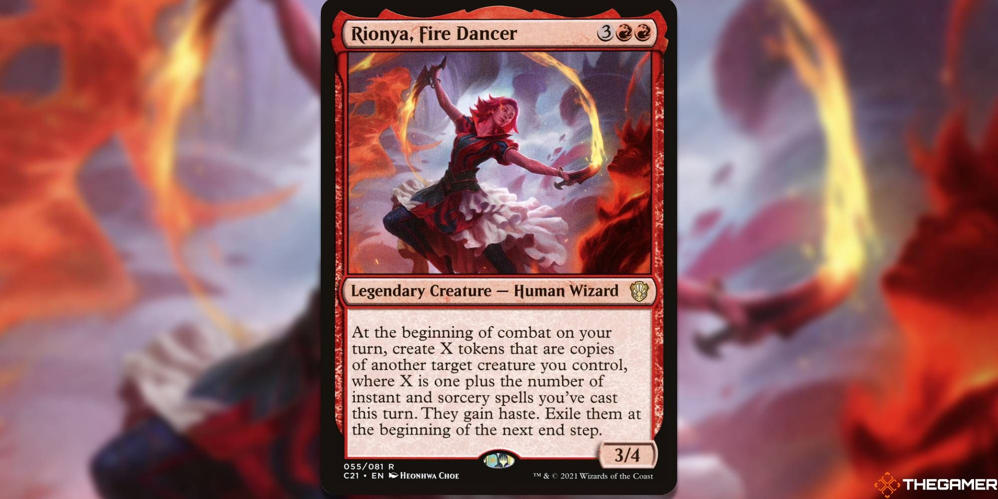 Rionya, Fire Dancer Magic: The Gathering card overlaid over artwork.