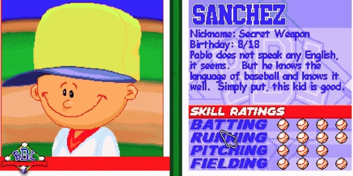 Pablo Sanchez smiling with his bio and stats written next to him