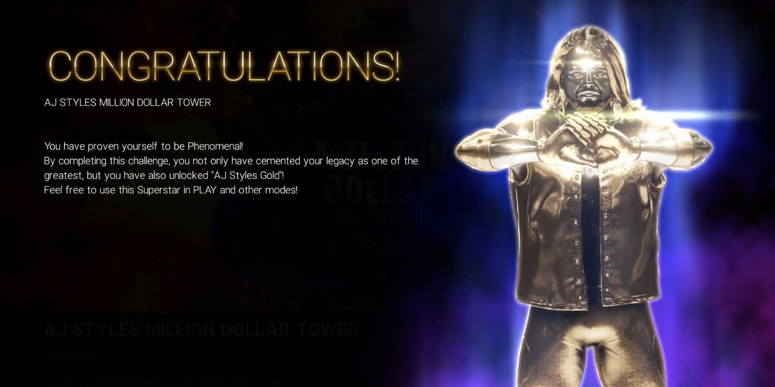 Congratulations screen for beating the AJ Styles Million Dollar Tower