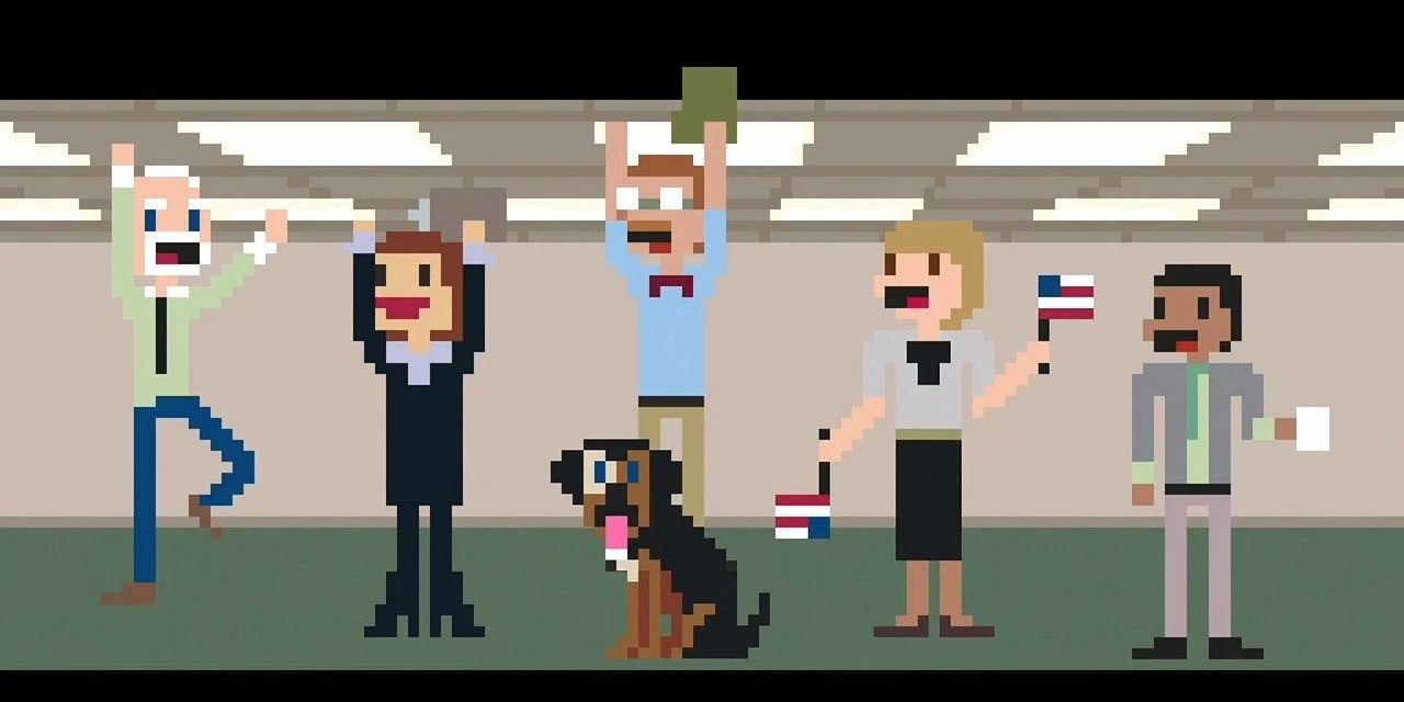 Pixelated people in an office and a dog celebrating
