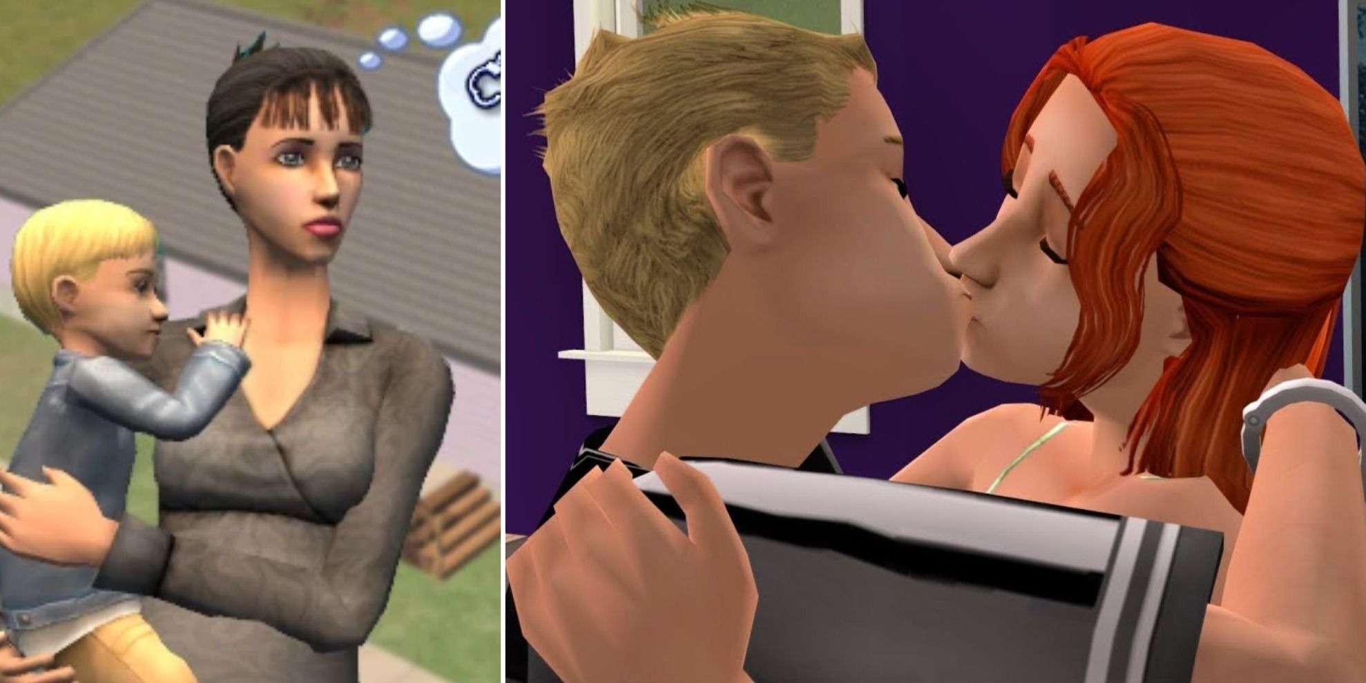 Sims 2 Brandi holding Beau and Dustin kissing Angela
