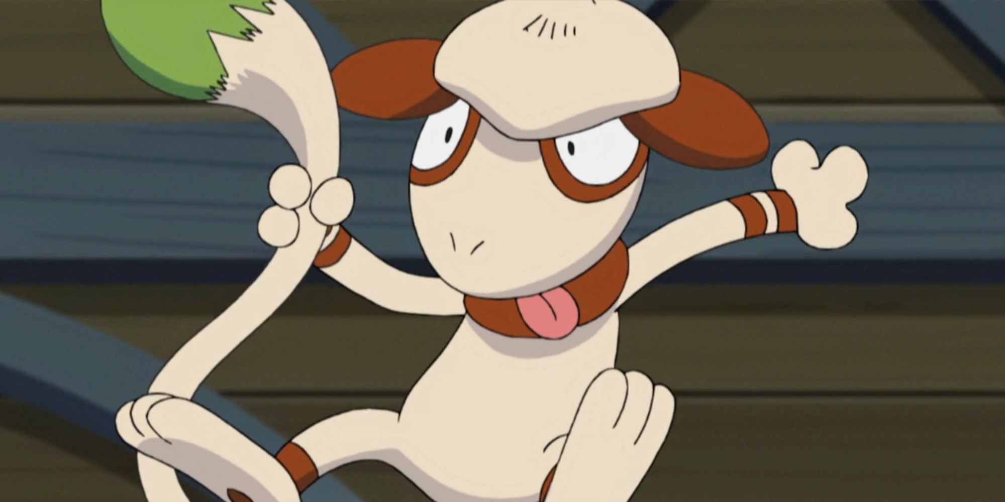 Smeargle from the anime holding its tail and looking derpy