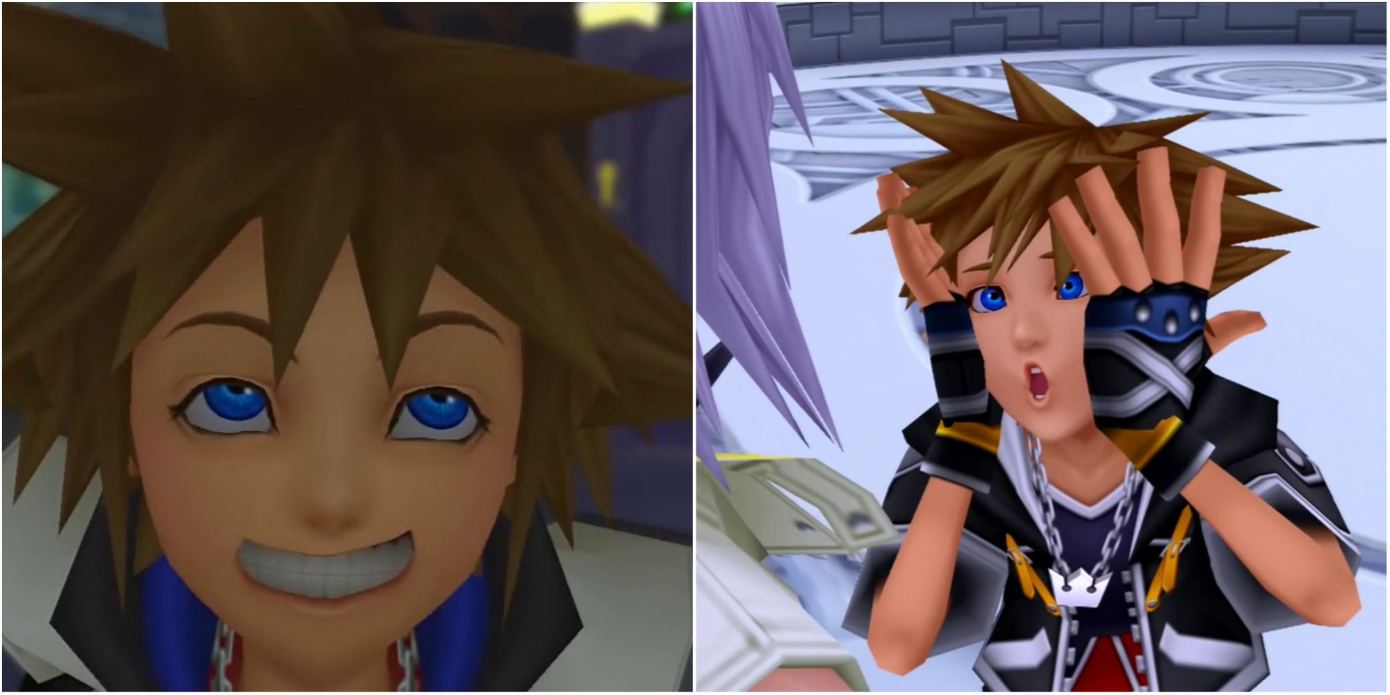 Split image screenshots of Sora pulling faces in Kingdom Hearts 1 and 2.