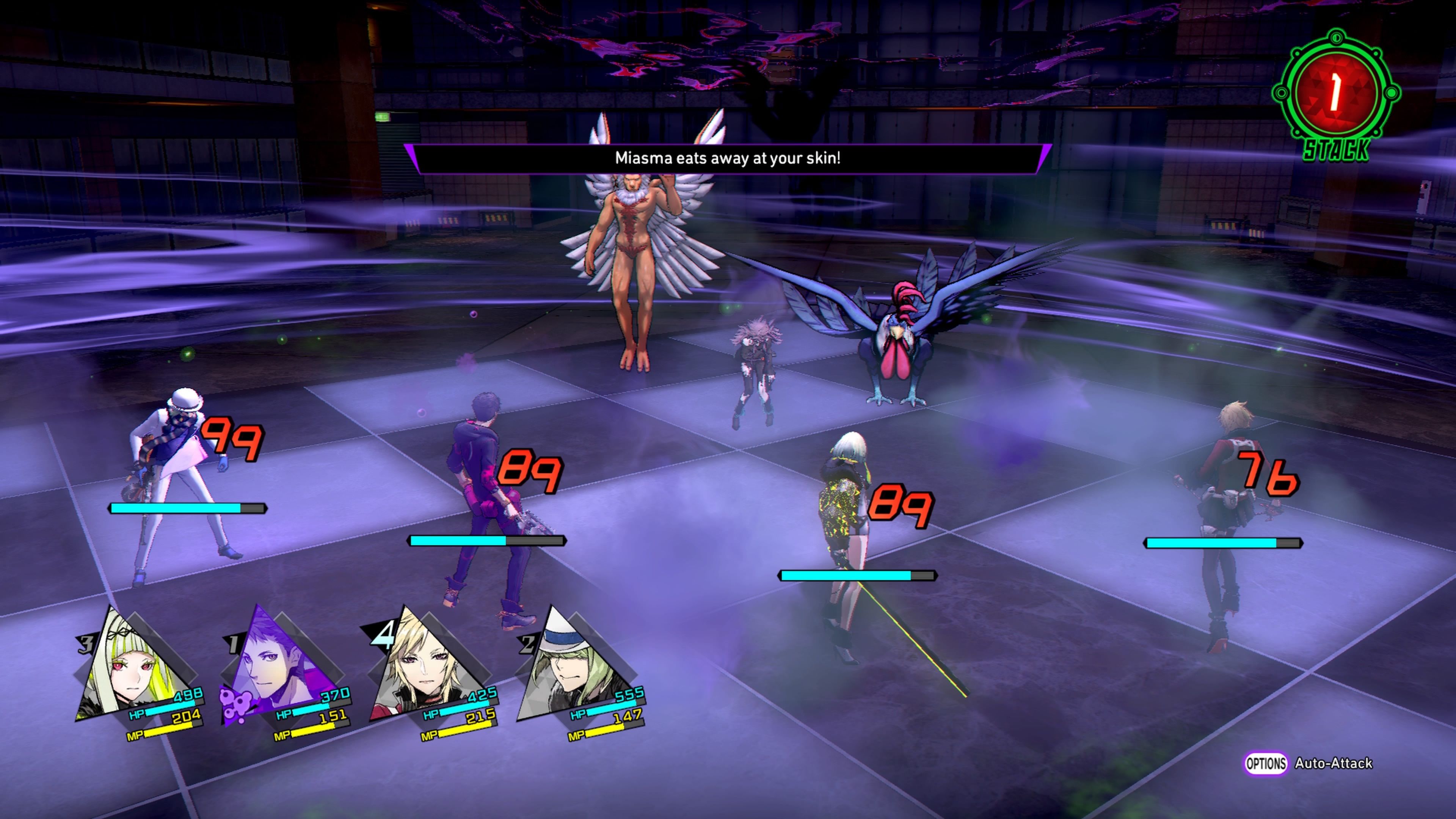 Soul Hackers 2 Pazuzu's miasma damaging the team in Ozaki Hope Towers