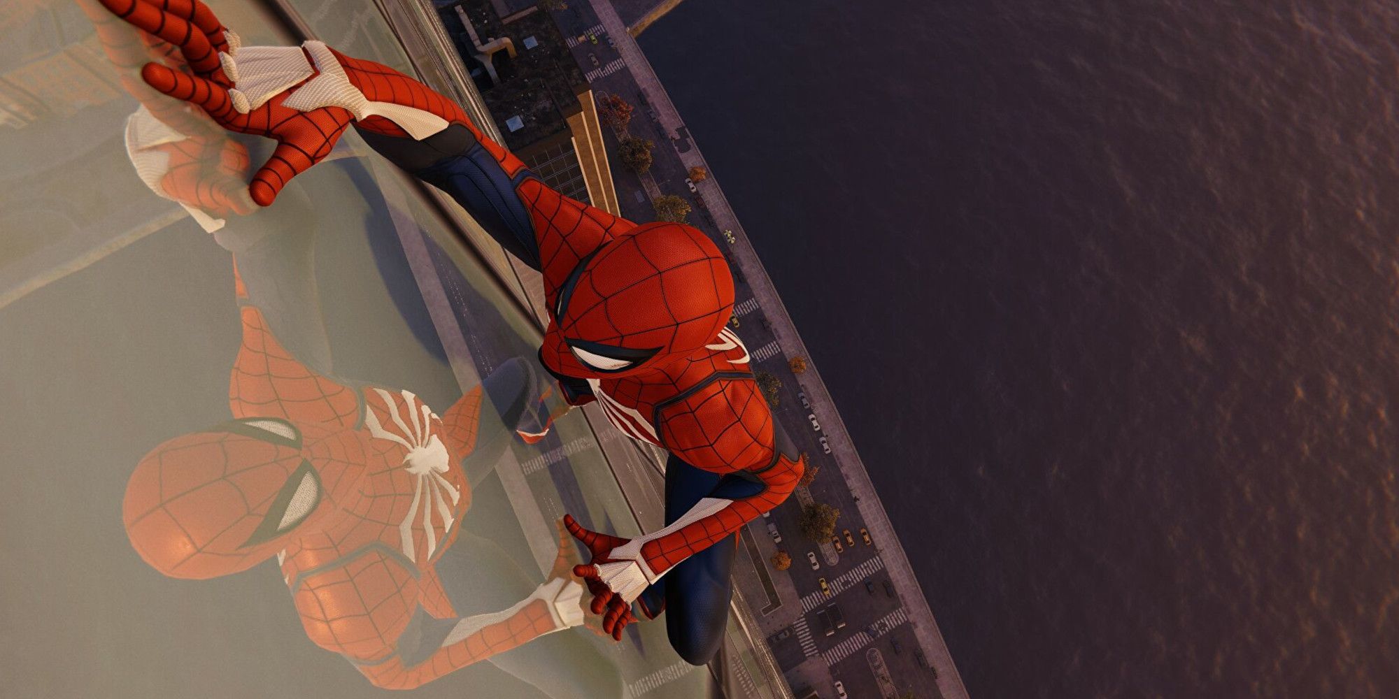 Spider-Man climbing the side of a skyscraper while facing his reflection in the window.