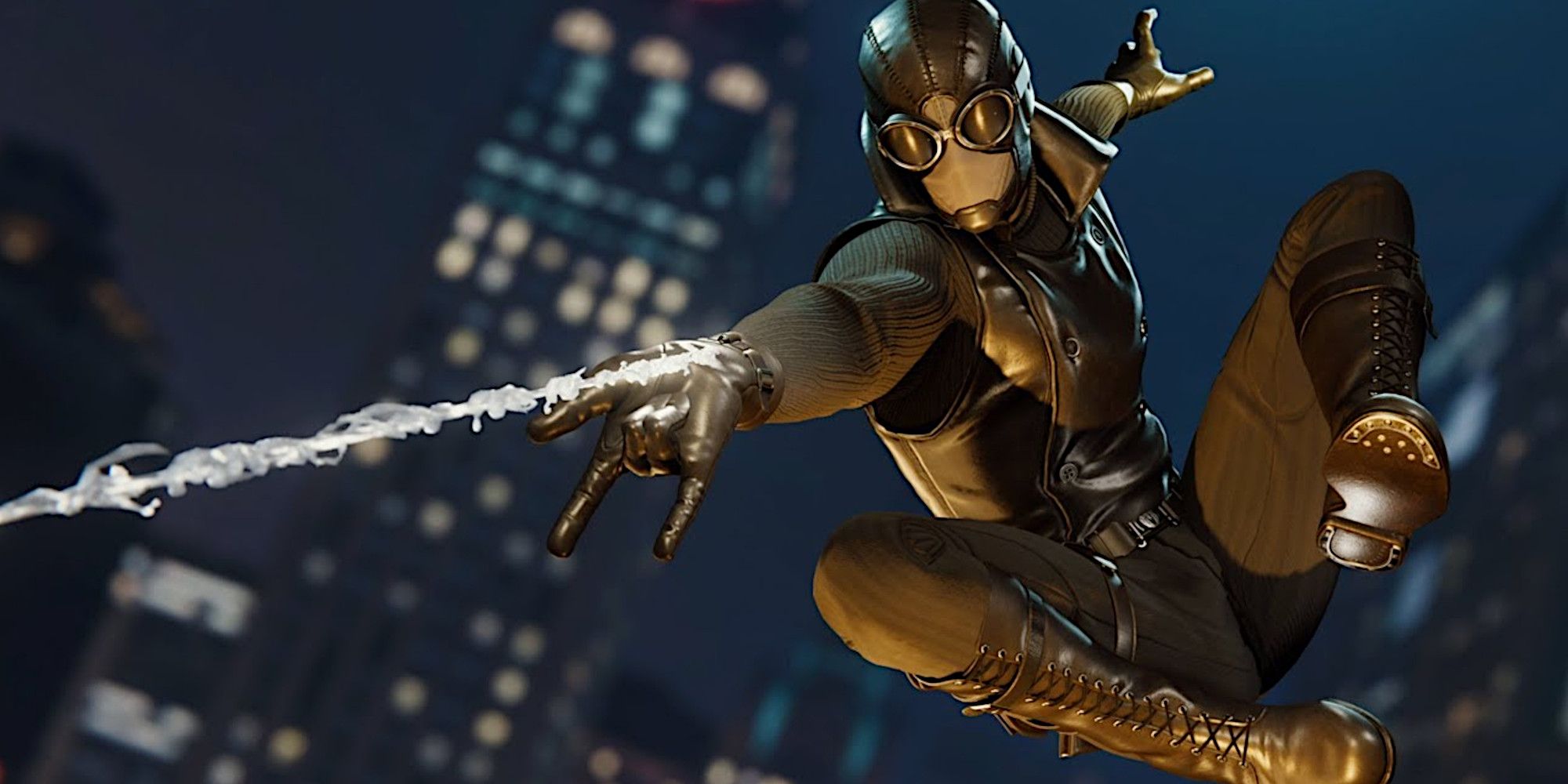 Spider-Man diving towards a sea of buildings in New York city.