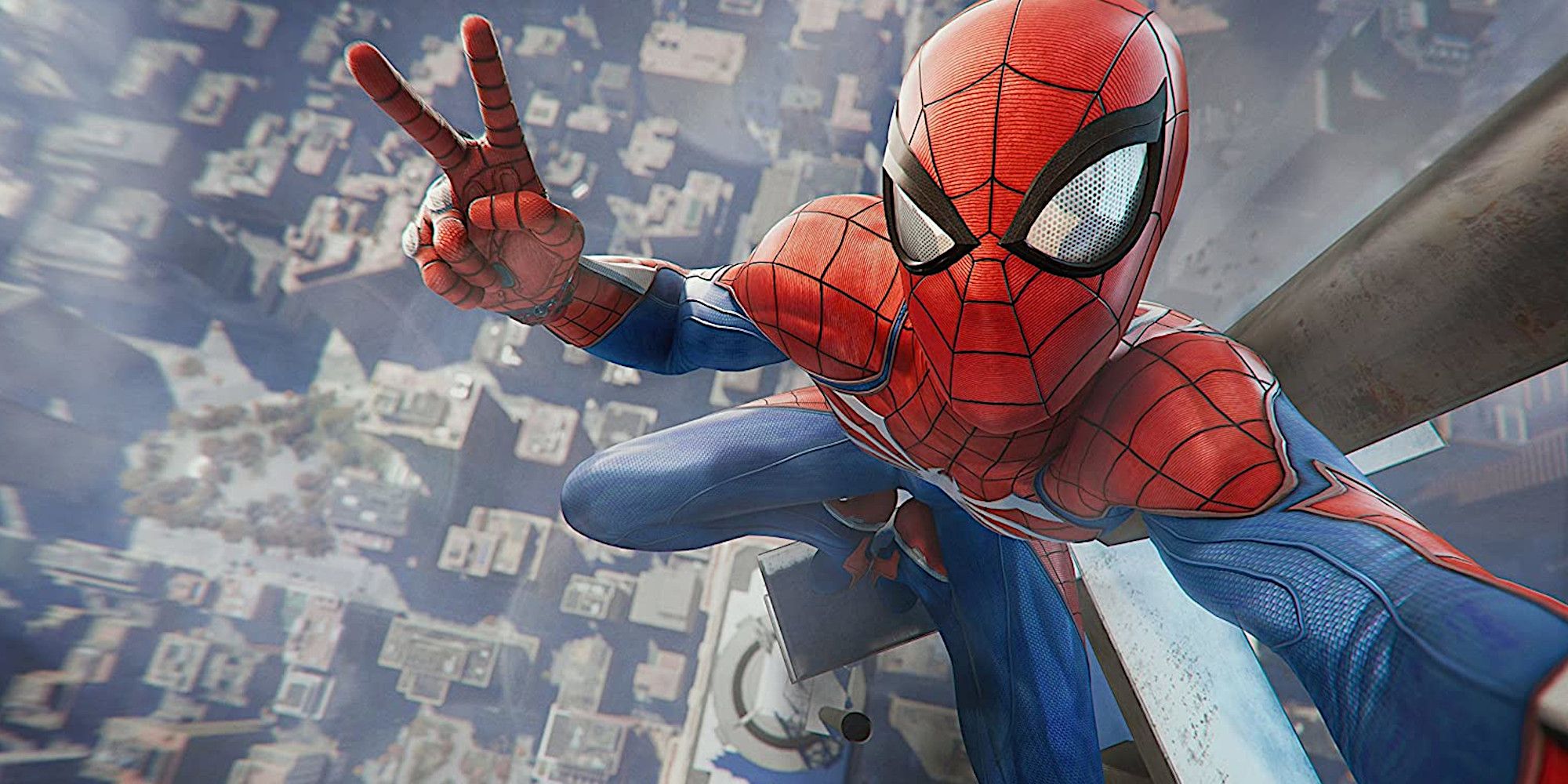 Spider-Man posing for a selfie while perched atop a skyscraper.