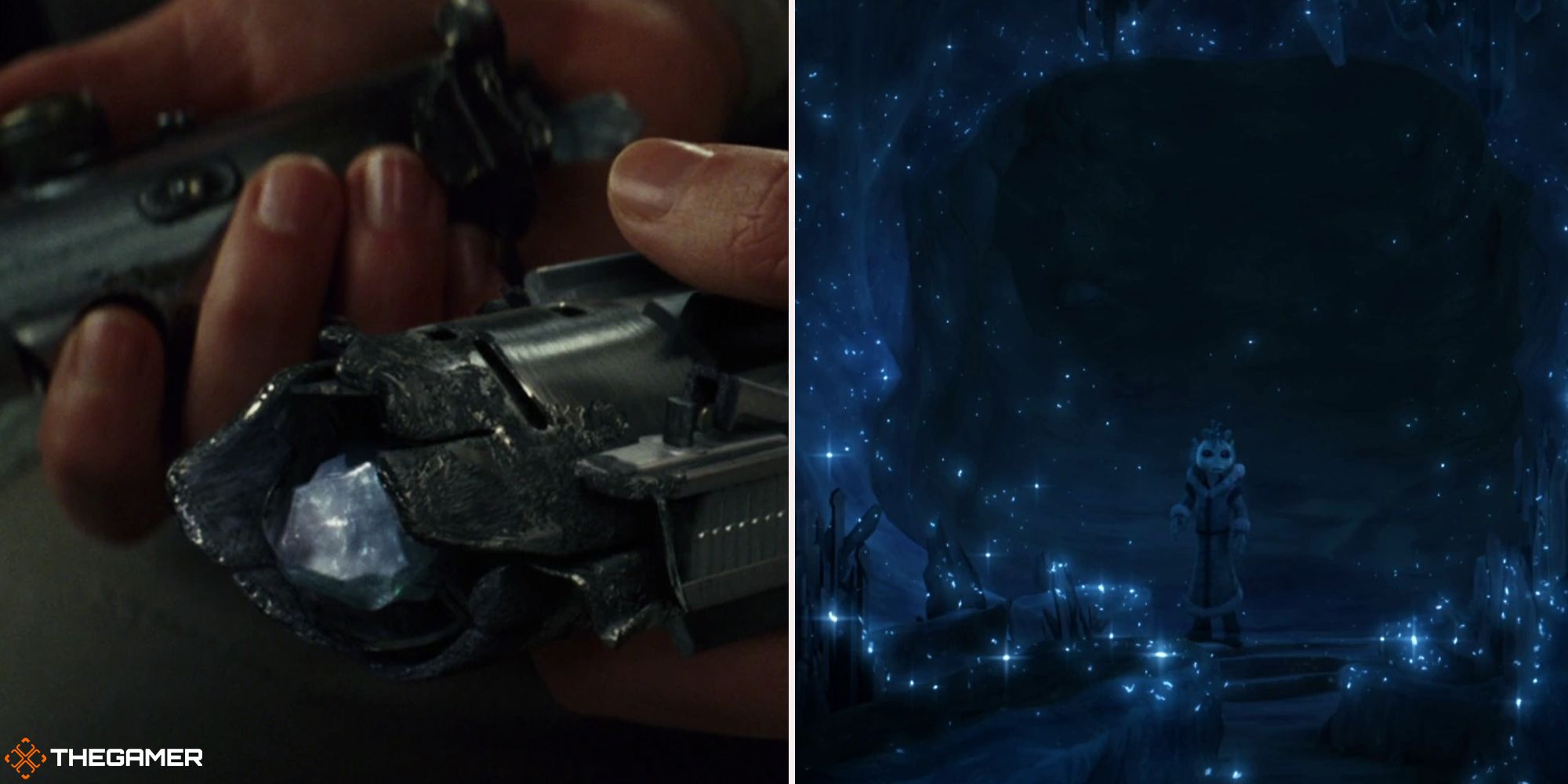 Star Wars - Jedi lightsaber destroyed, exposing the kyber crystal inside (left), the crystal caves on Ilum (right)