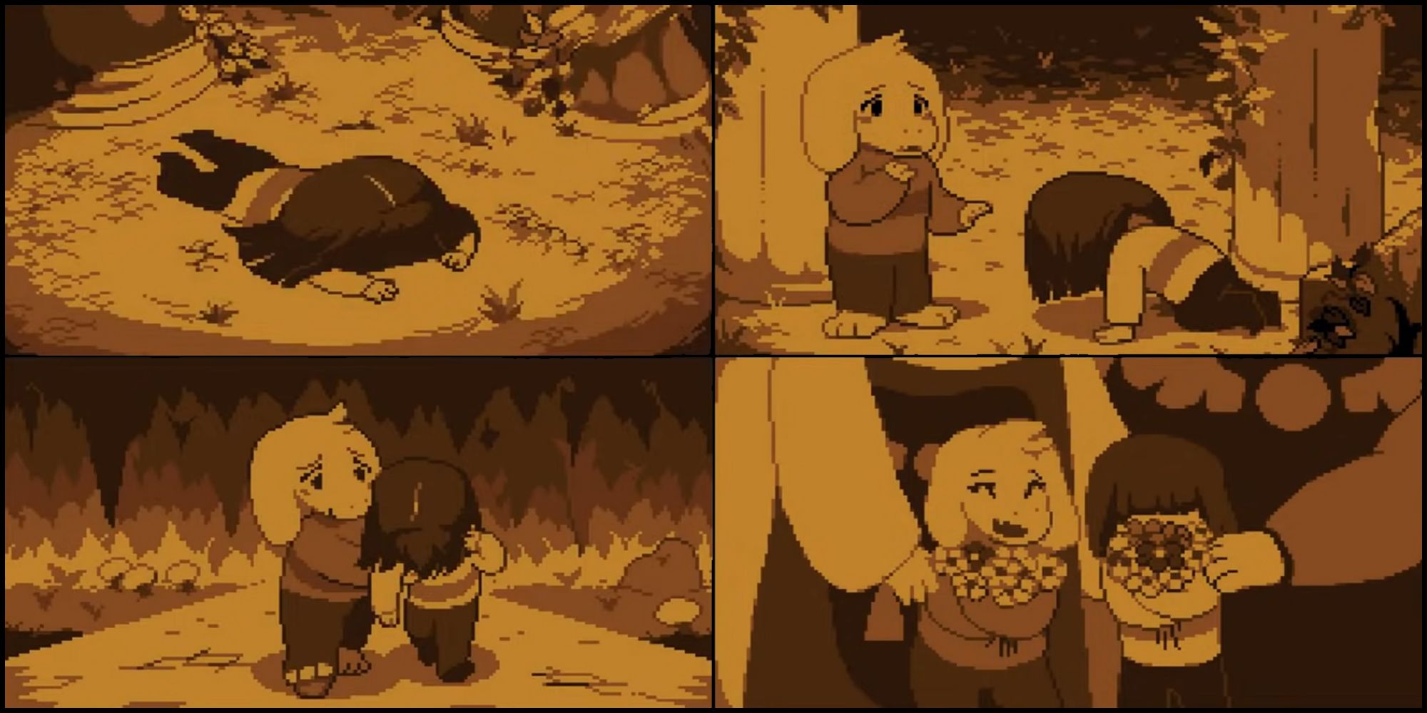 Chara, Asriel, Toriel, and Asgore Dreemurr in a flashback