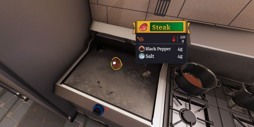 A steak rests on a kitchen frying counter, an on-screen display indicating its heat.