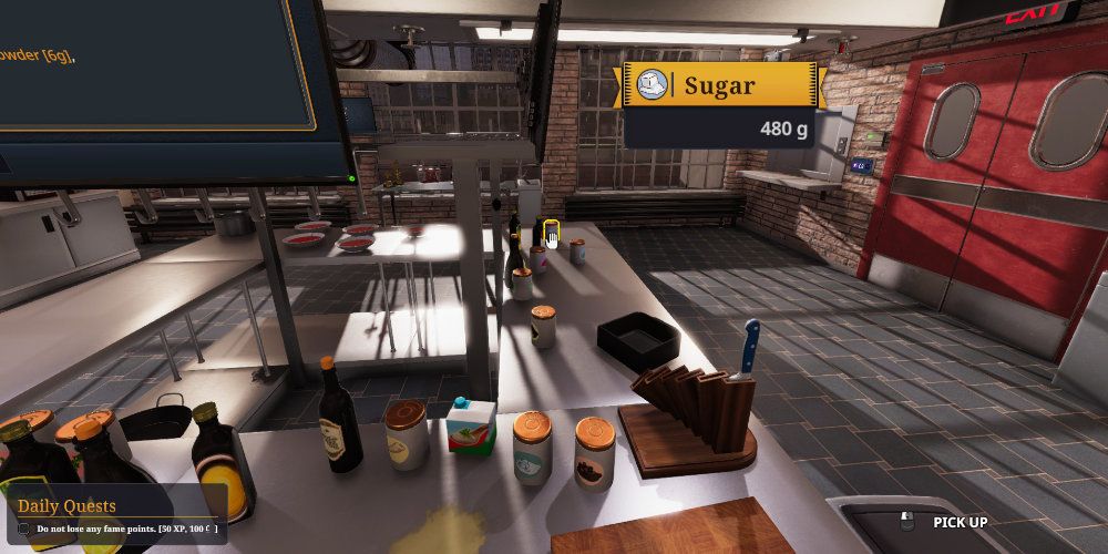 A kitchen counter covered with spices, the sugar in the distance is highlighted.